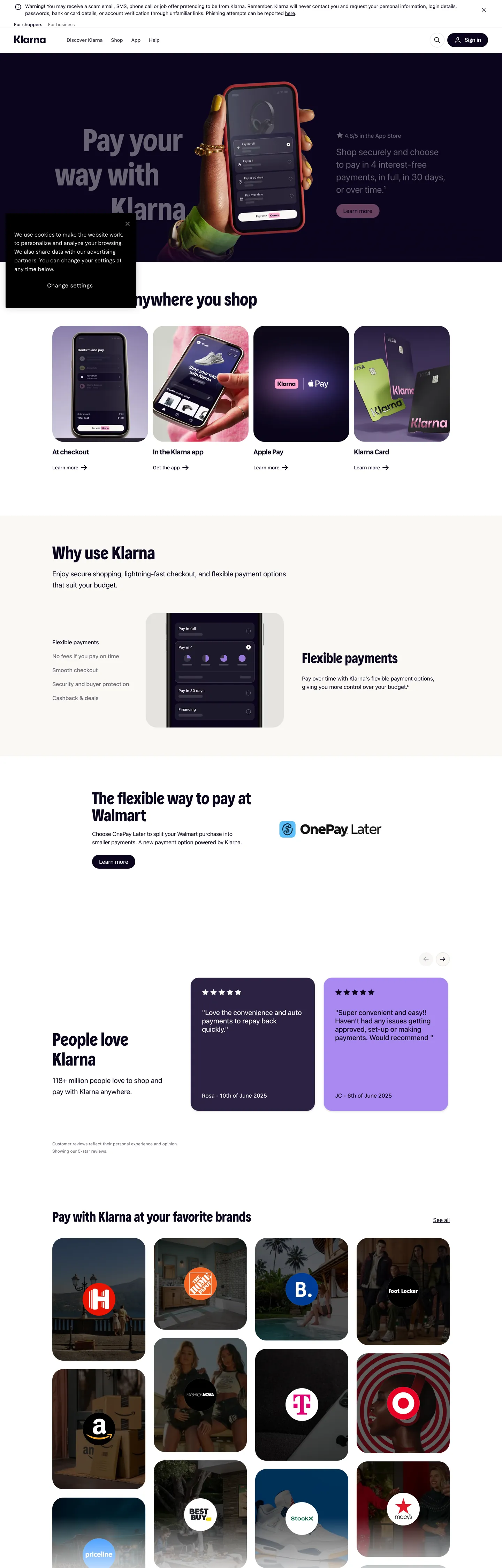 Screenshot of Klarna's website at klarna.com