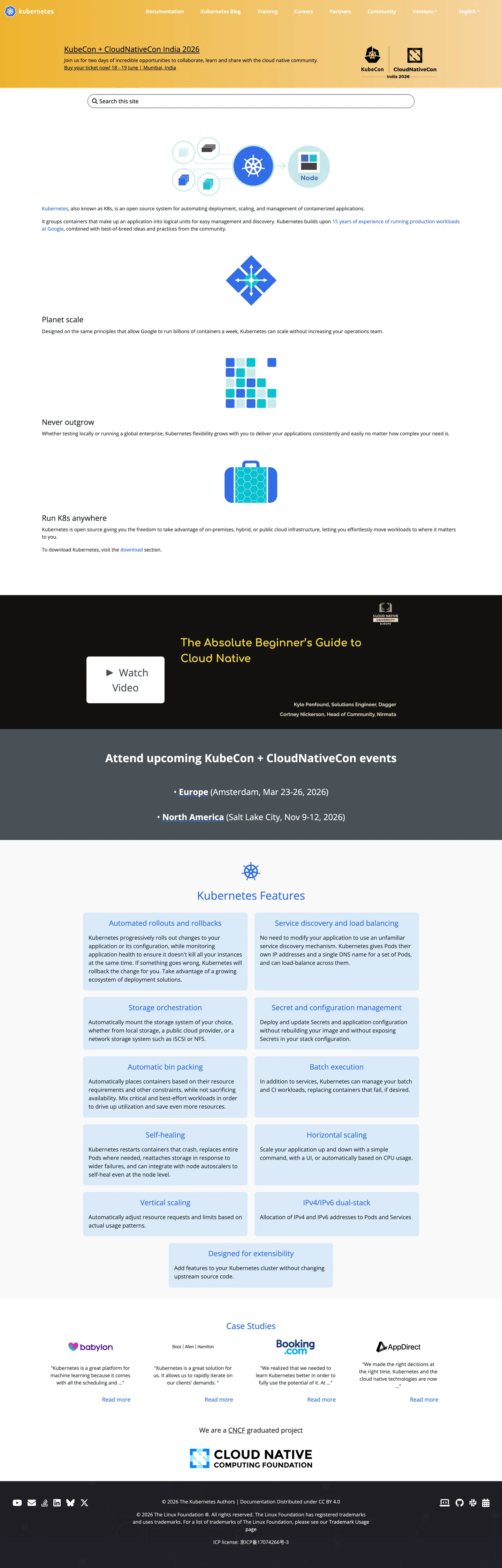 Screenshot of Kubernetes's website at kubernetes.io