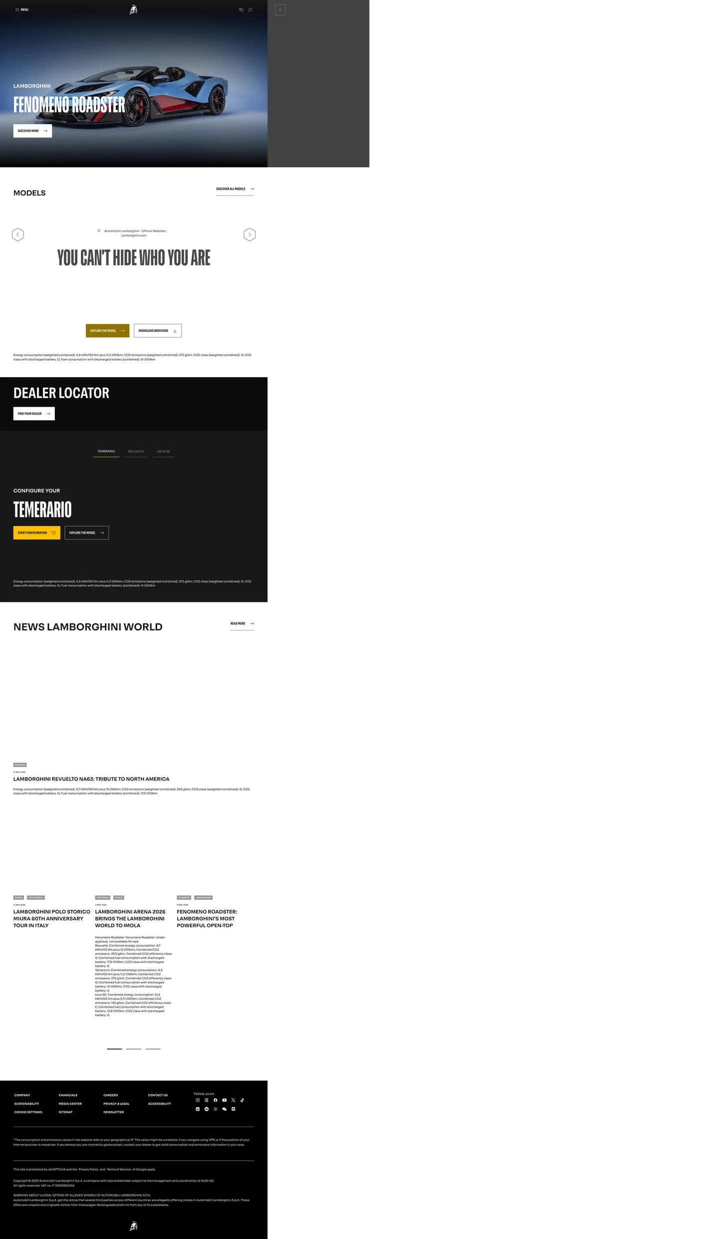 Screenshot of Lamborghini's website at lamborghini.com