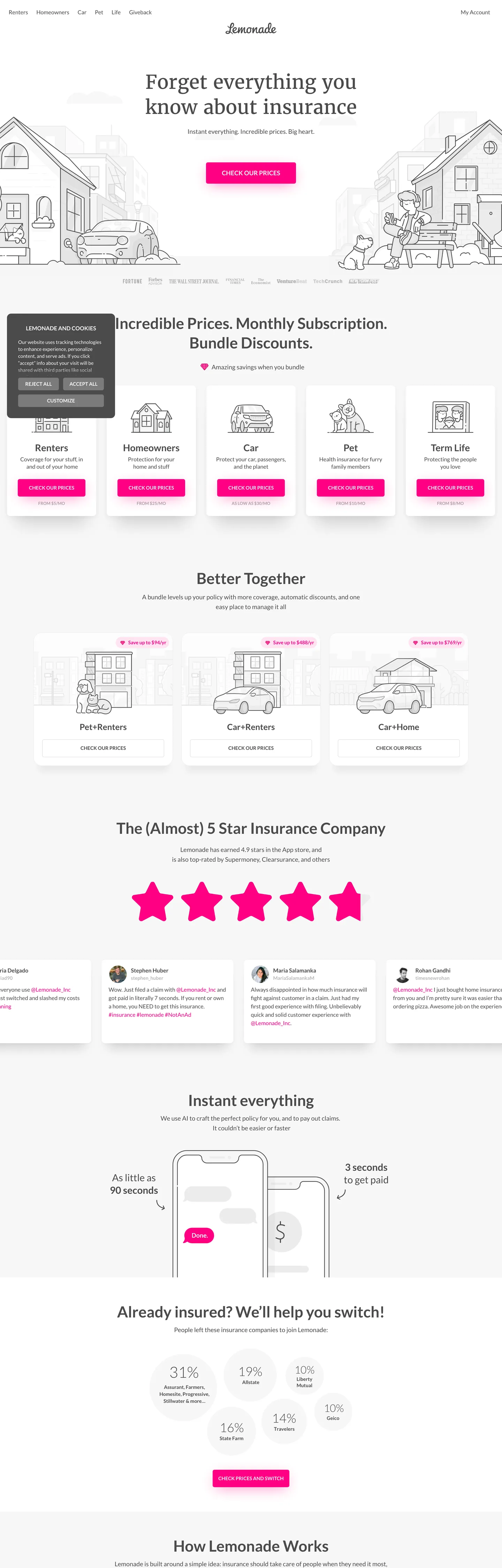 Screenshot of Lemonade's website at lemonade.com