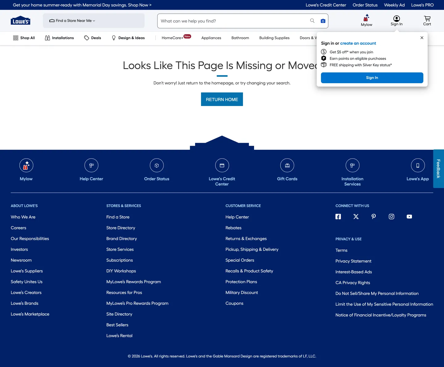 Screenshot of Lowe's's website at lowes.com