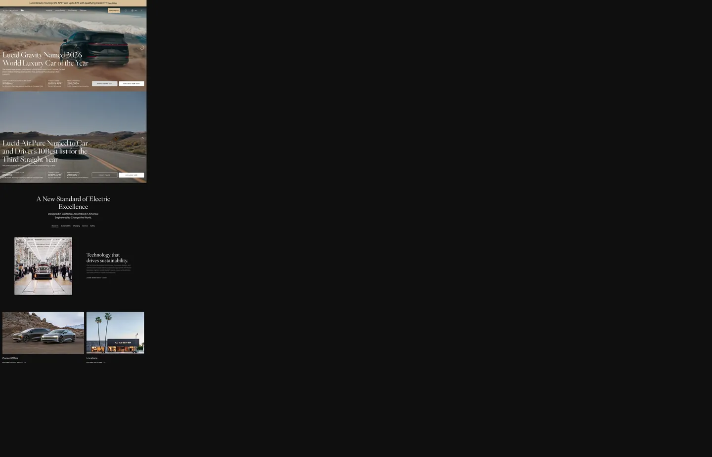 Screenshot of Lucid Motors's website at lucidmotors.com