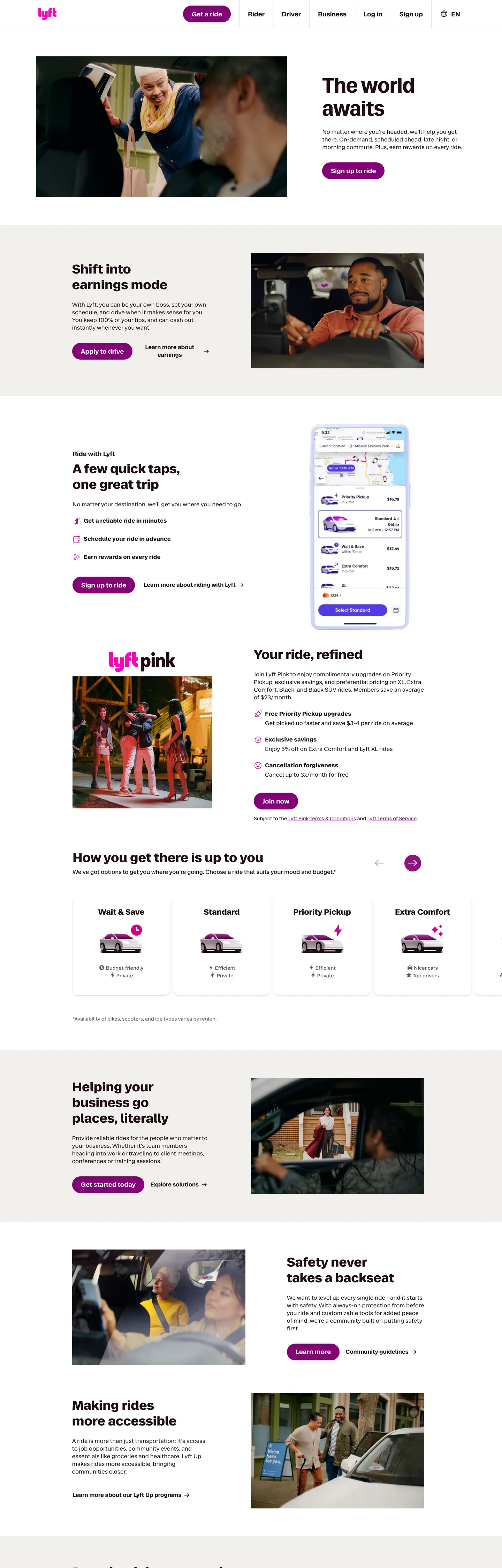 Screenshot of Lyft's website at lyft.com