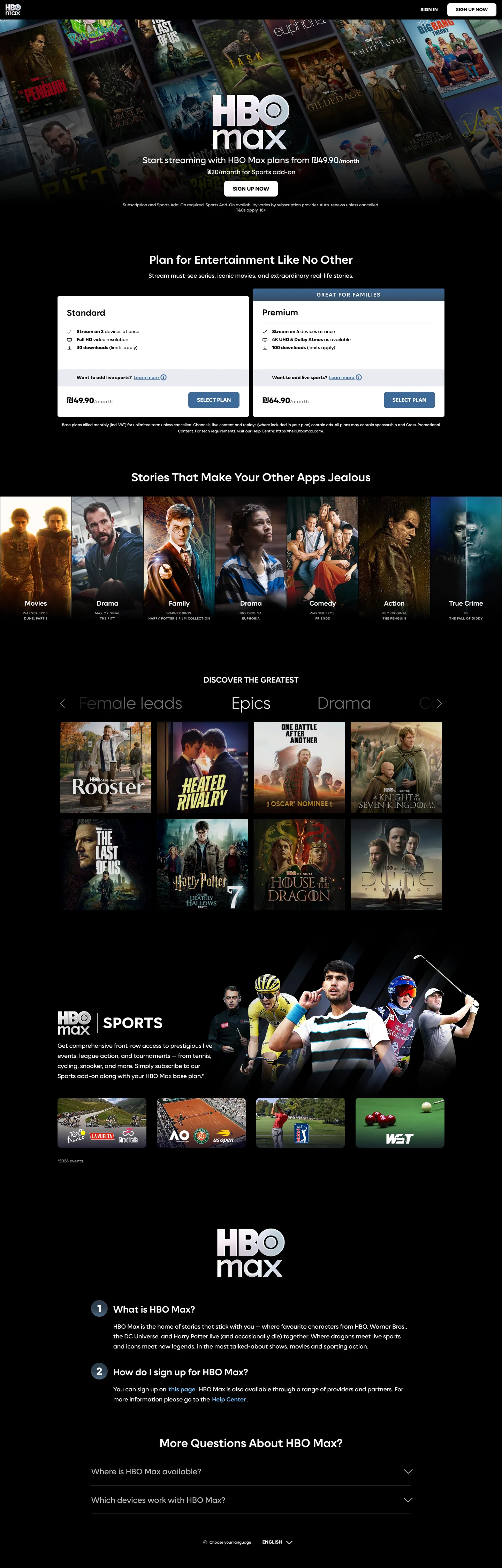 Screenshot of HBO Max's website at max.com
