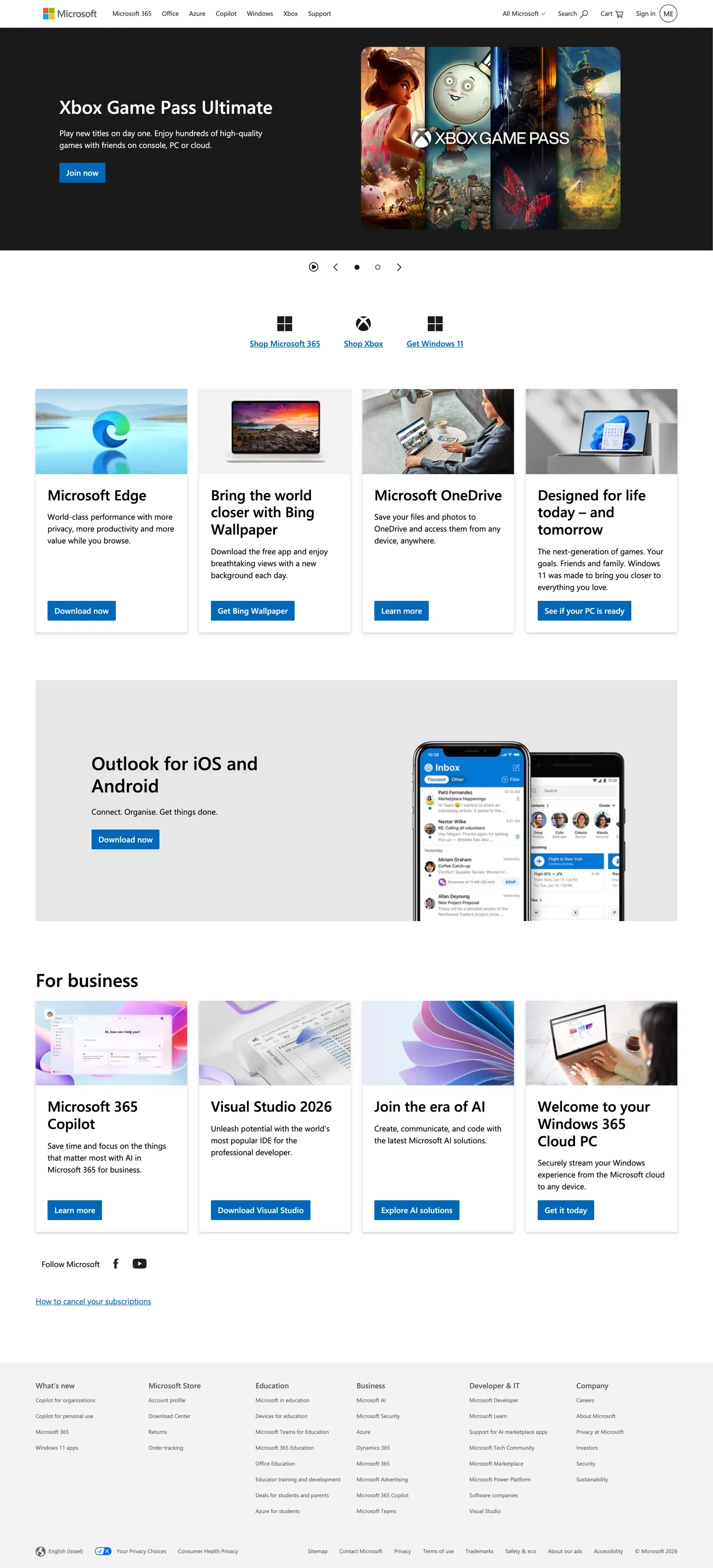Screenshot of Microsoft's website at microsoft.com