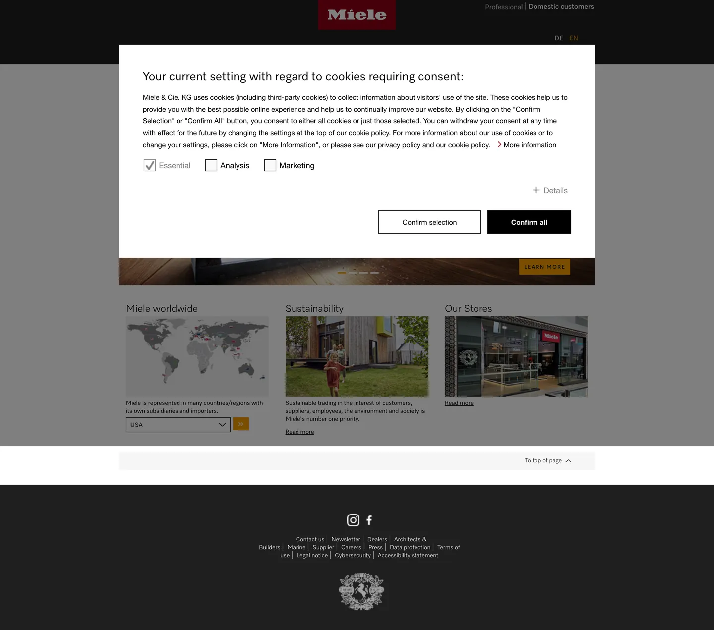 Screenshot of Miele's website at miele.com