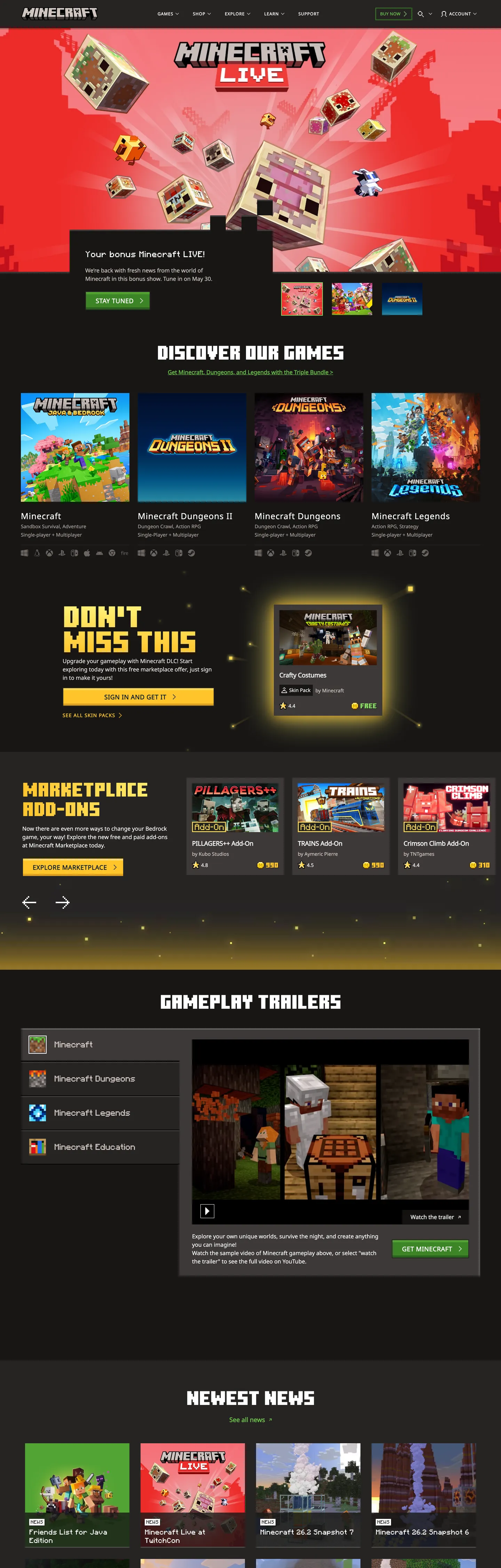 Screenshot of Minecraft's website at minecraft.net