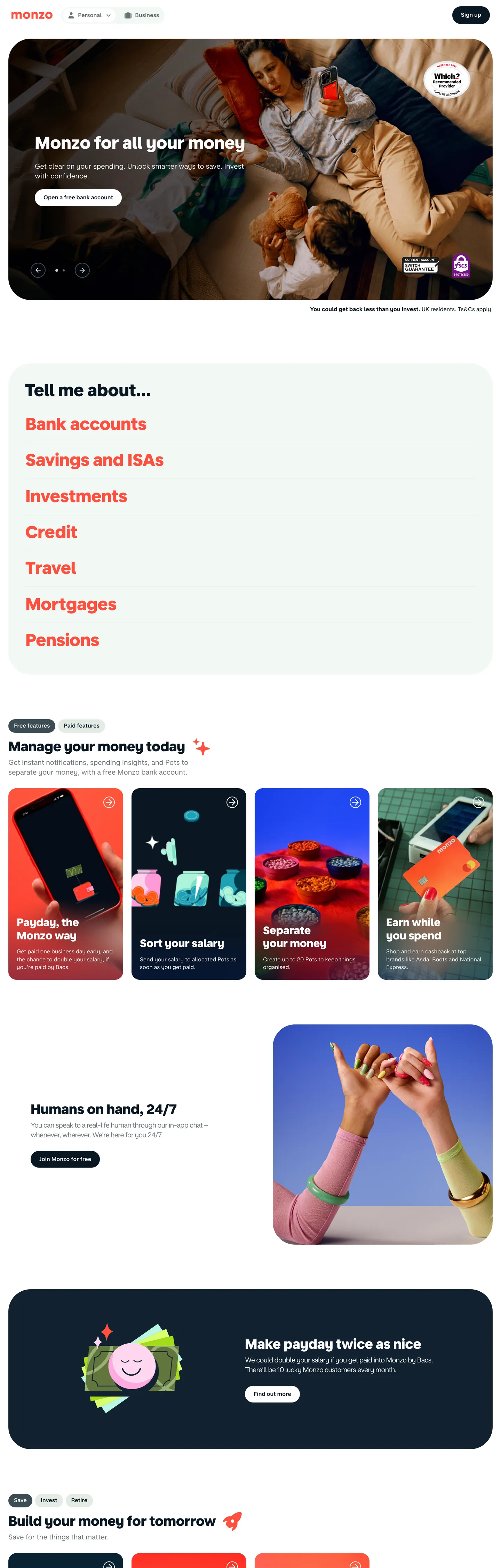 Screenshot of Monzo's website at monzo.com