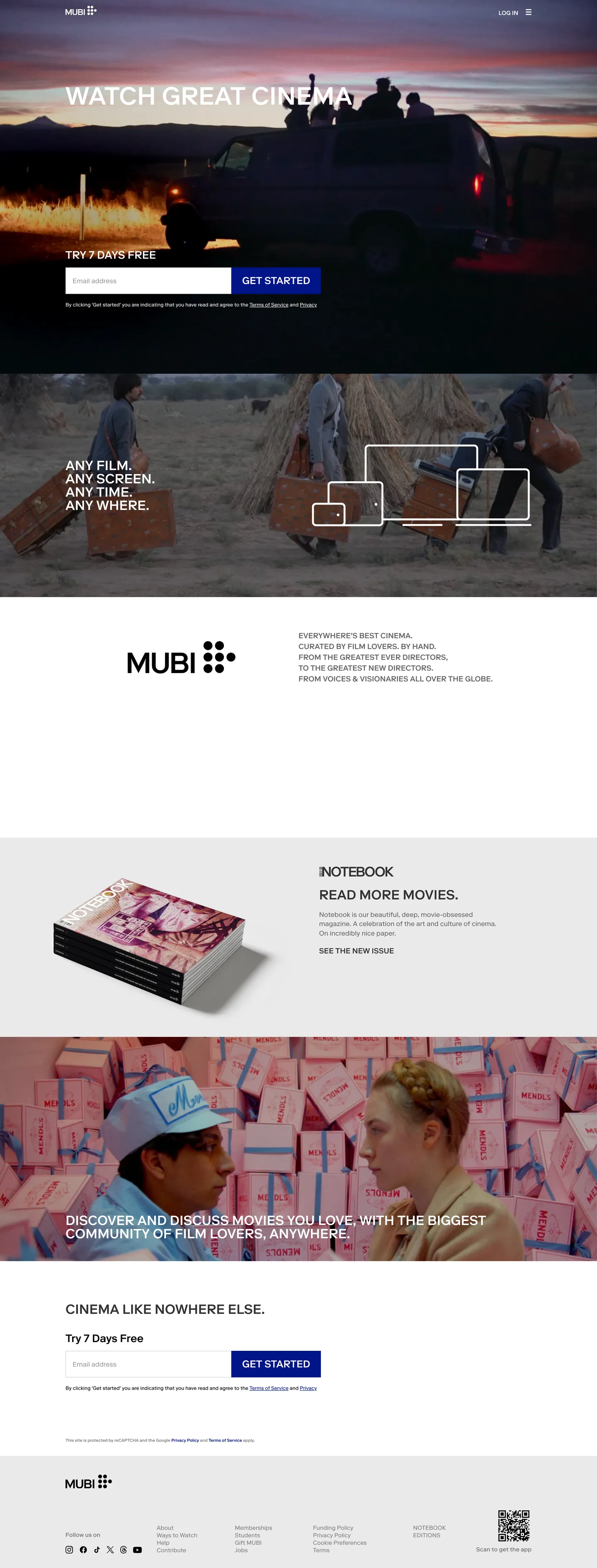 Screenshot of MUBI's website at mubi.com