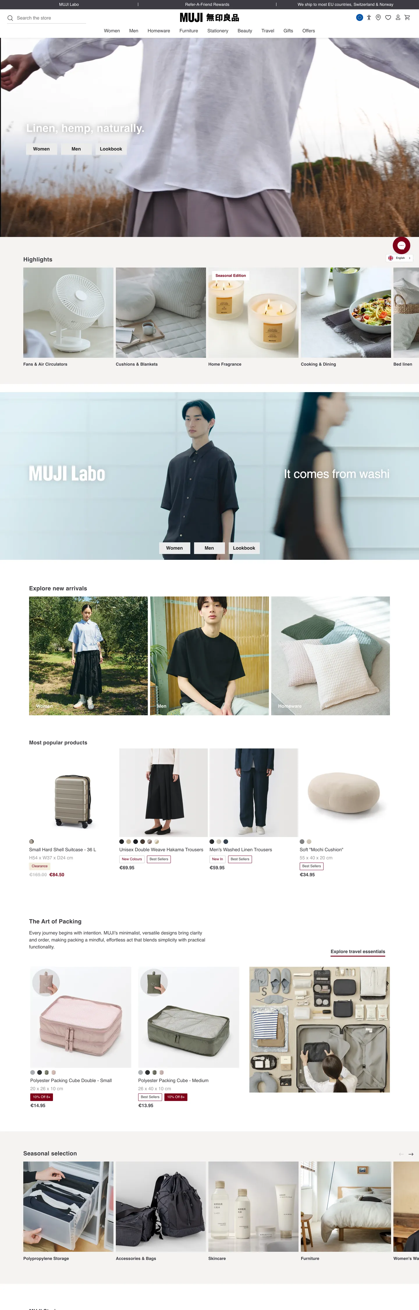 Screenshot of MUJI's website at muji.com