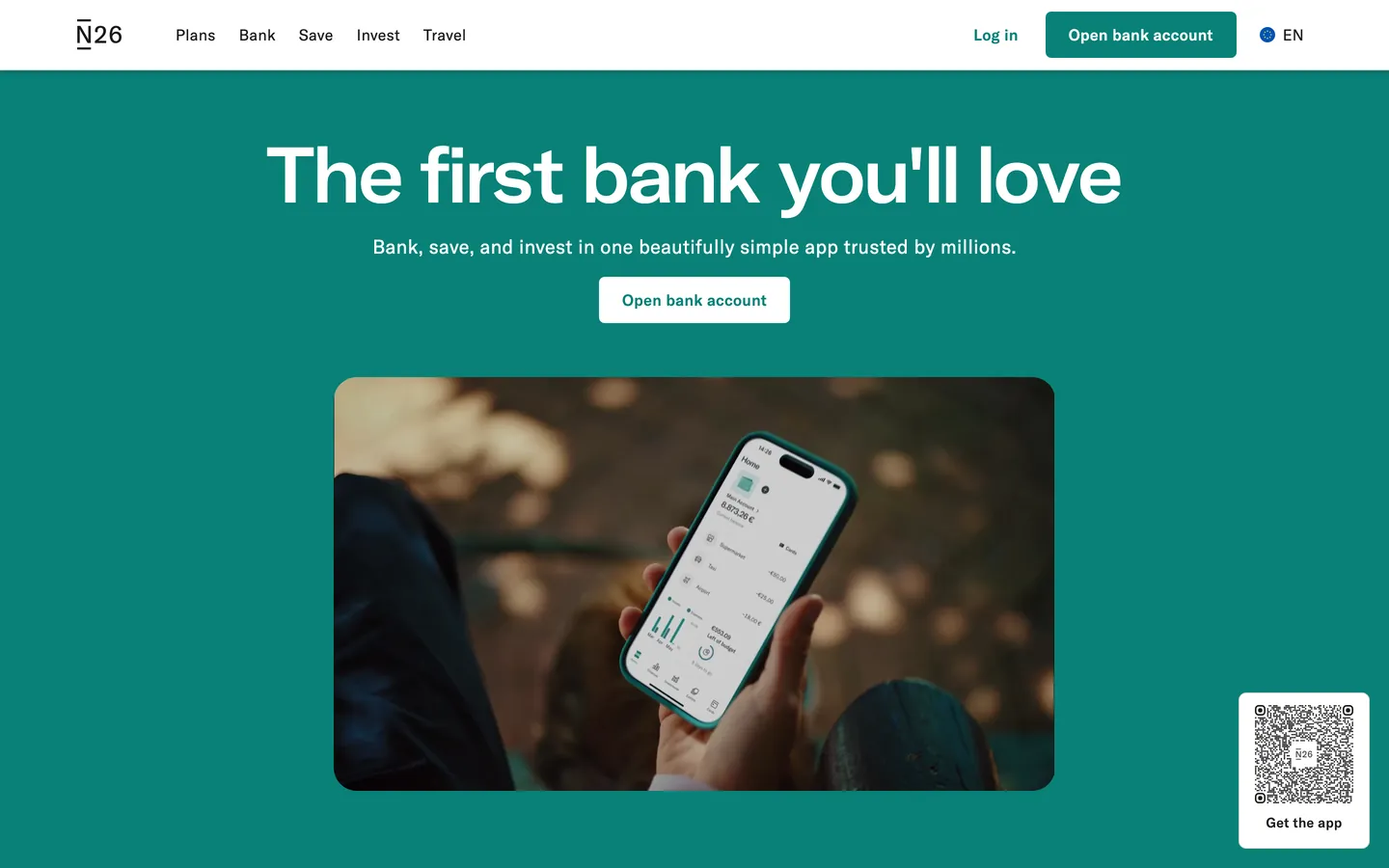 Screenshot of N26's website at n26.com