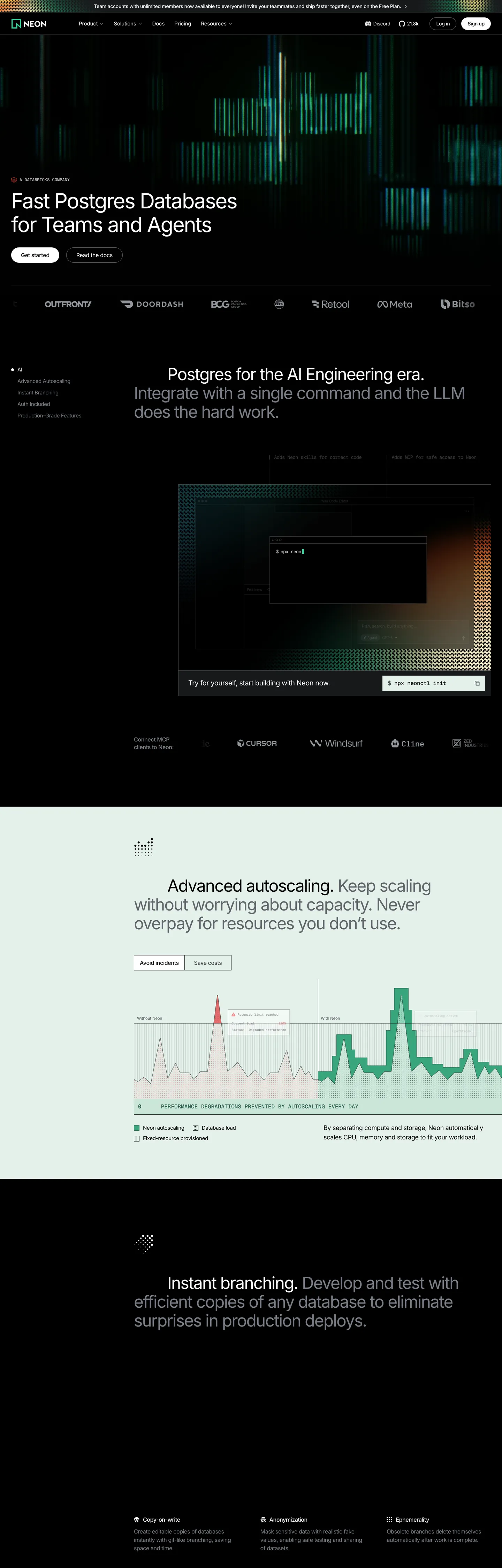 Screenshot of Neon's website at neon.com