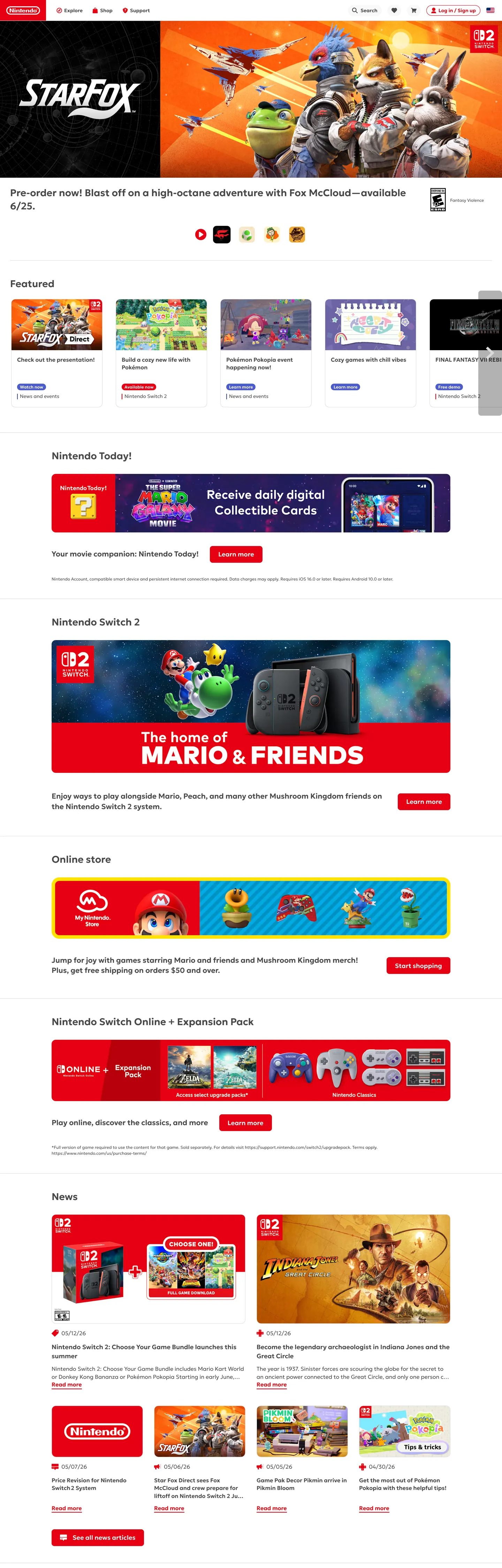 Screenshot of Nintendo's website at nintendo.com