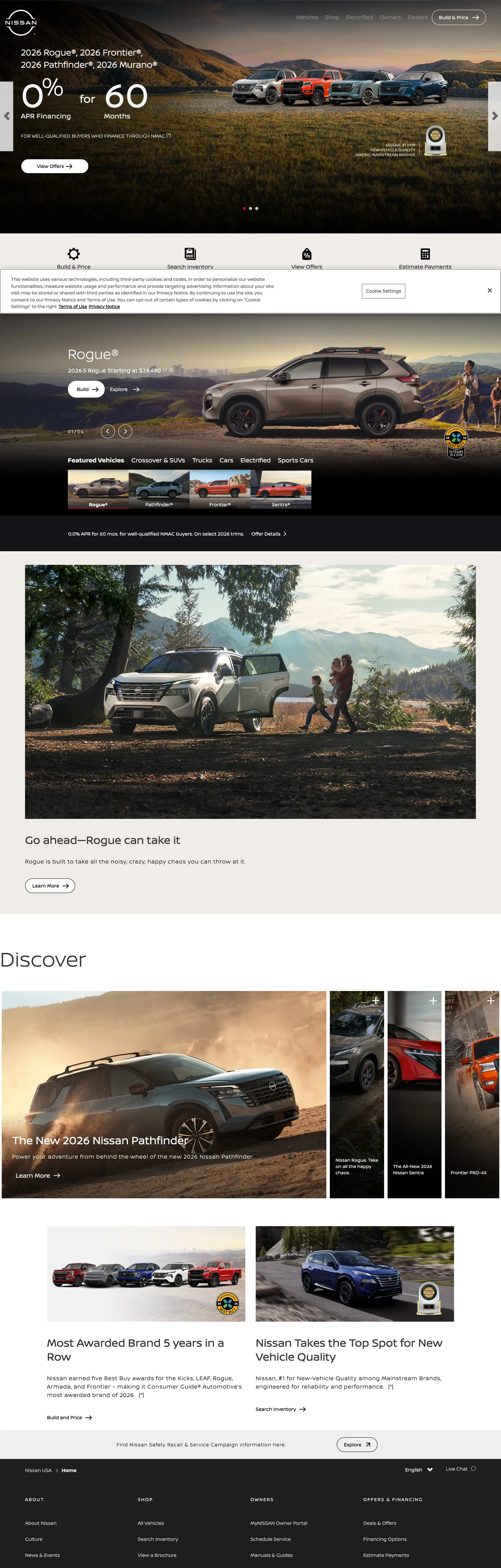 Screenshot of Nissan's website at nissanusa.com