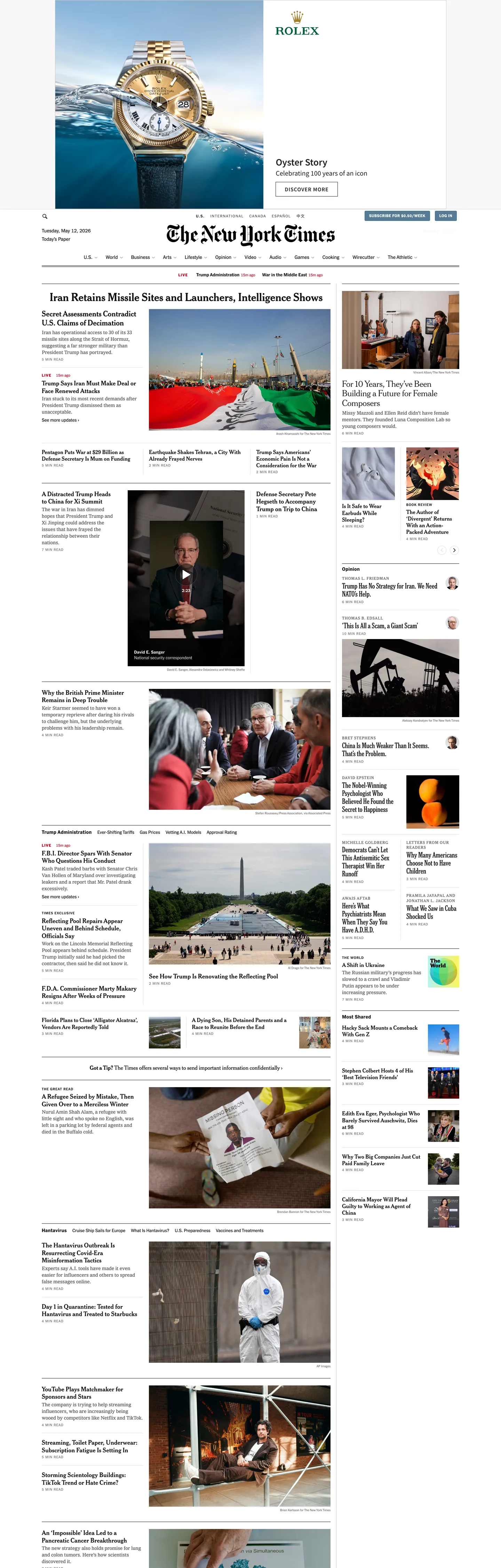 Screenshot of The New York Times's website at nytimes.com