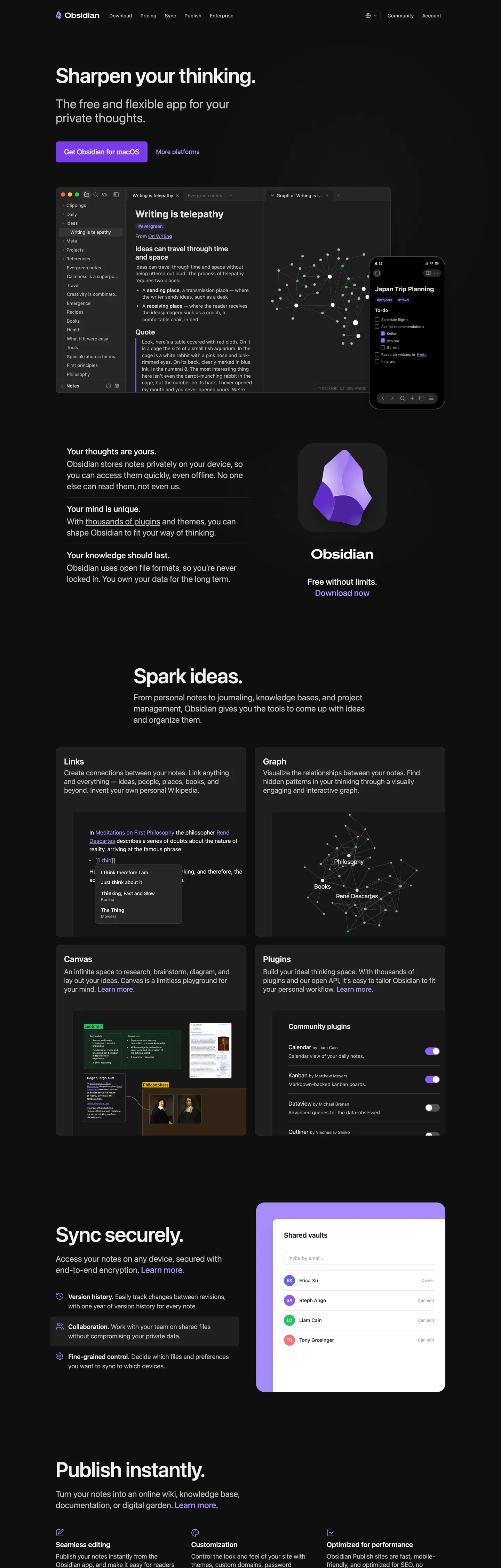 Screenshot of Obsidian's website at obsidian.md