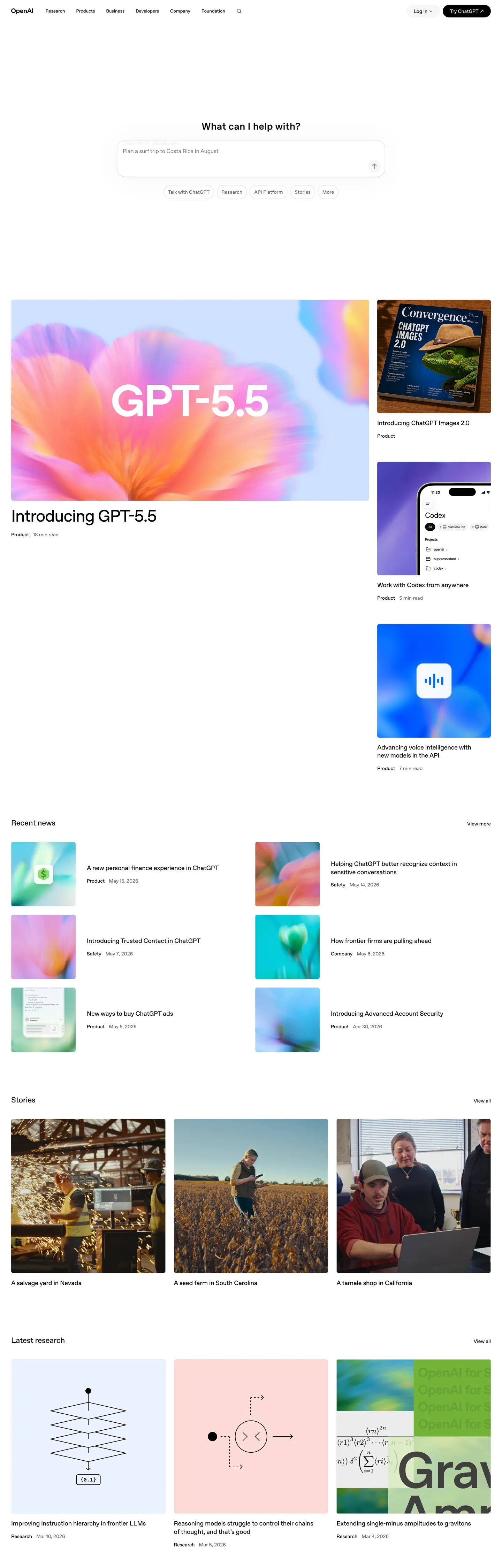 Screenshot of OpenAI's website at openai.com