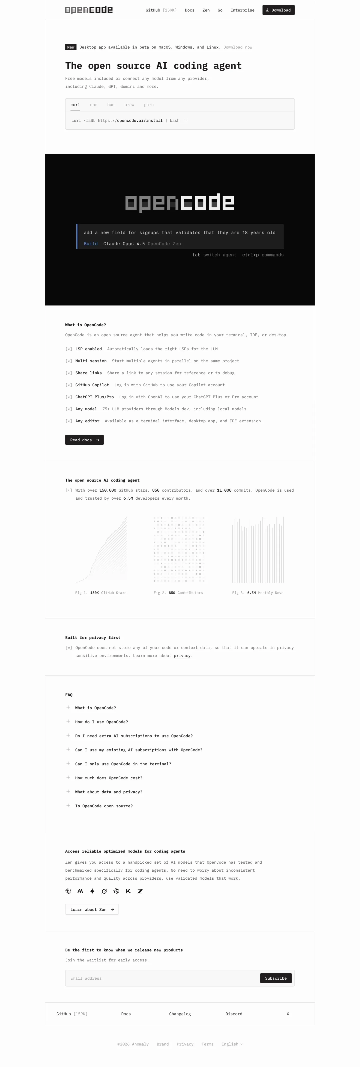 Screenshot of OpenCode's website at opencode.ai