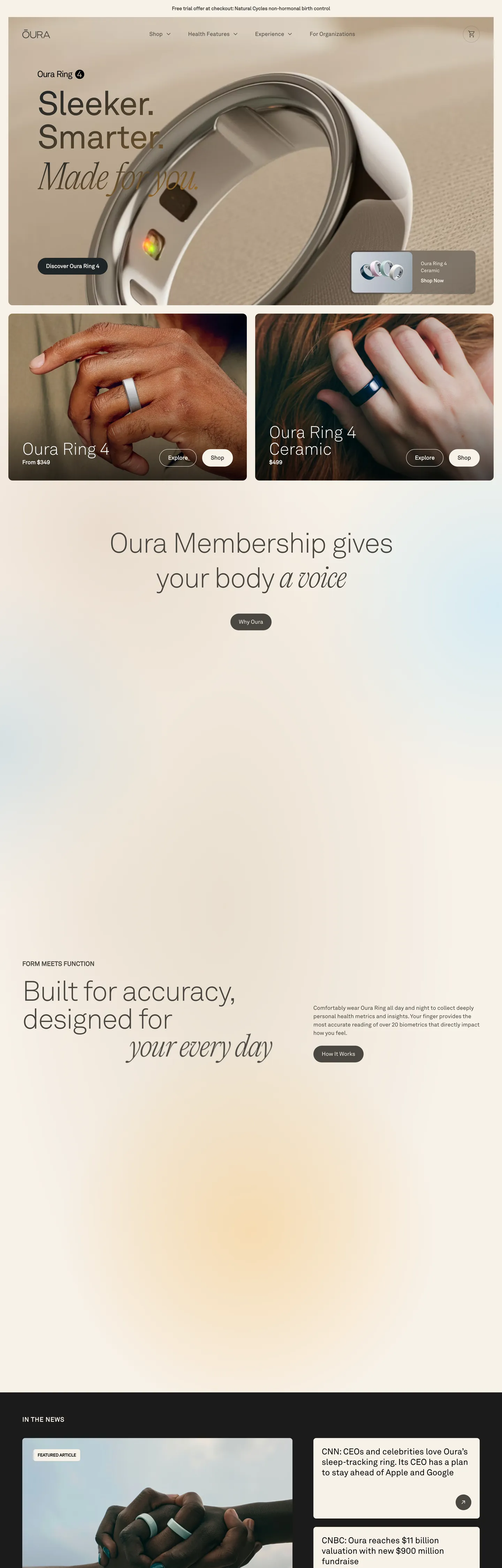 Screenshot of Oura Ring's website at ouraring.com