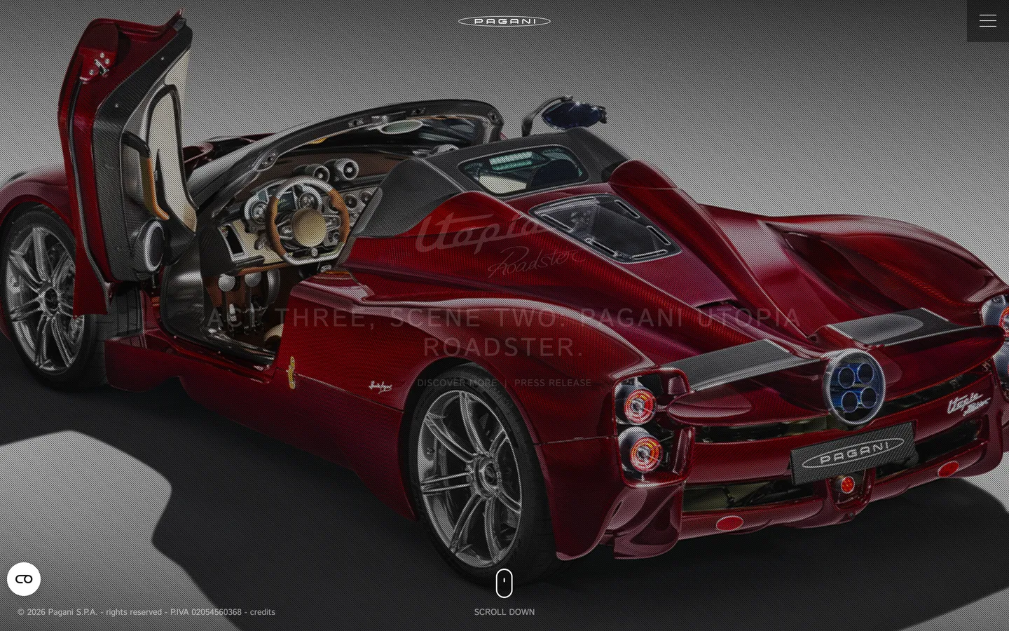 Screenshot of Pagani's website at pagani.com