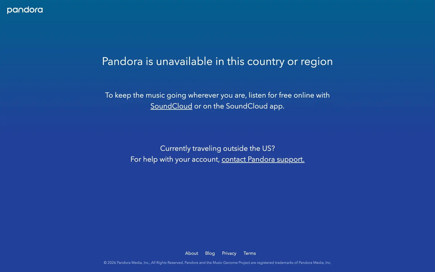 Screenshot of Pandora's website at pandora.com