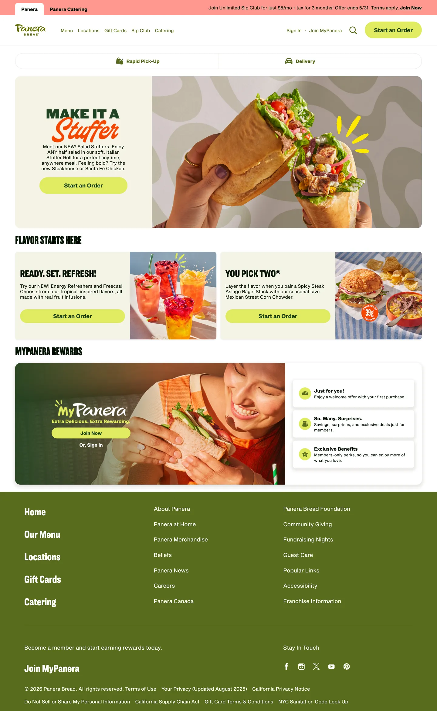 Screenshot of Panera's website at panerabread.com