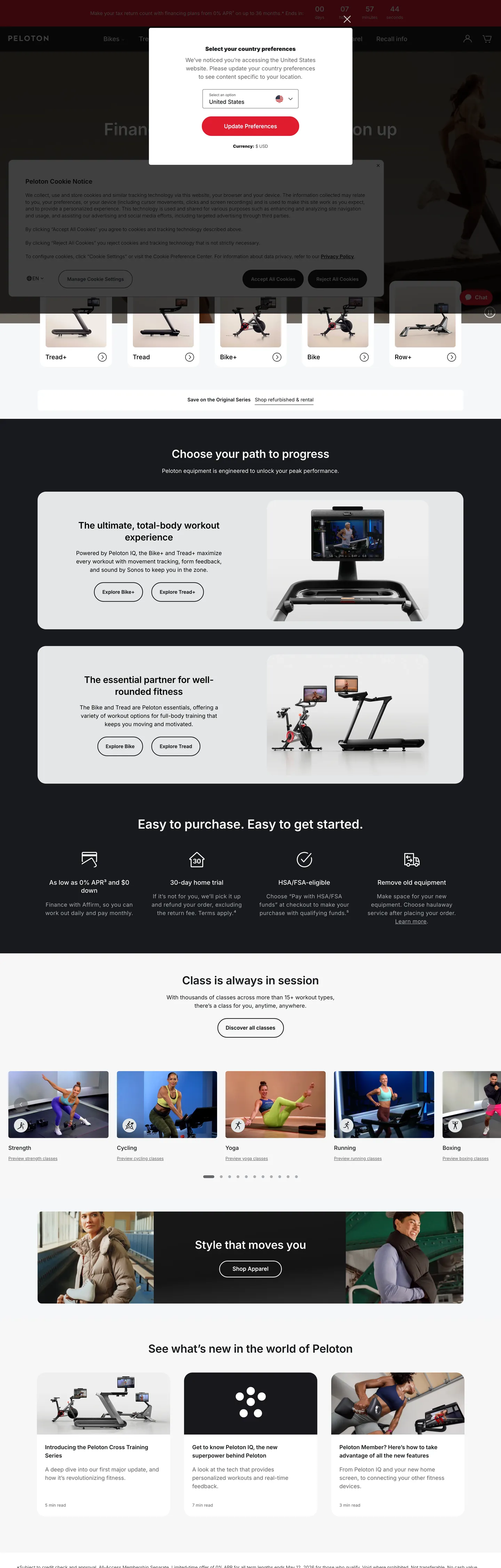 Screenshot of Peloton's website at onepeloton.com