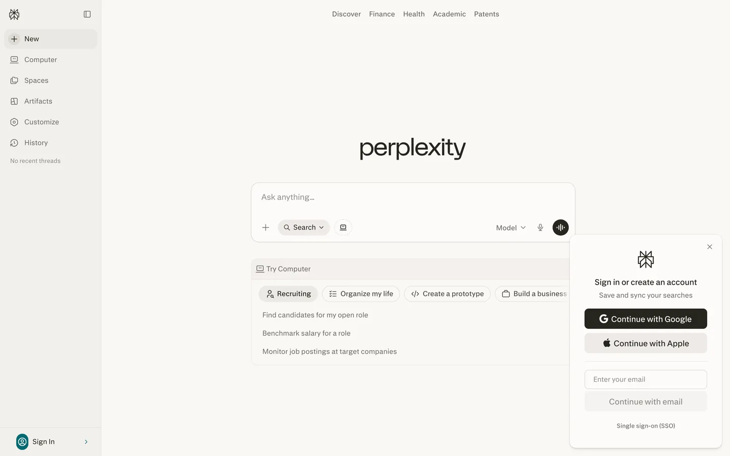 Screenshot of Perplexity's website at perplexity.ai