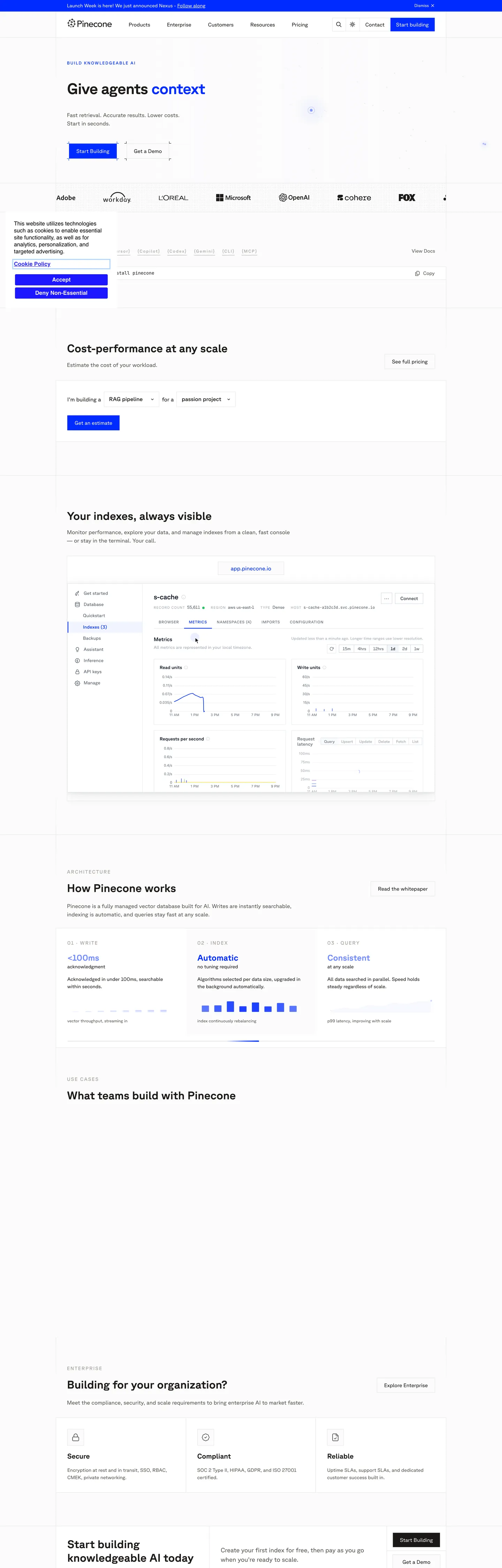 Screenshot of Pinecone's website at pinecone.io