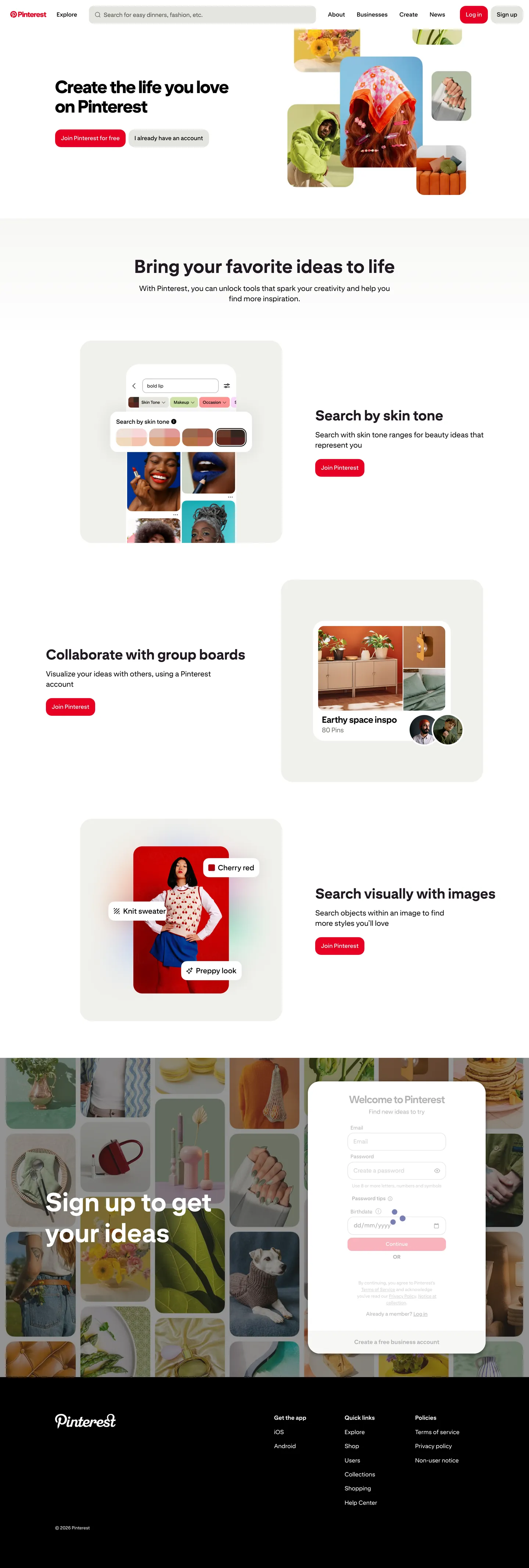 Screenshot of Pinterest's website at pinterest.com