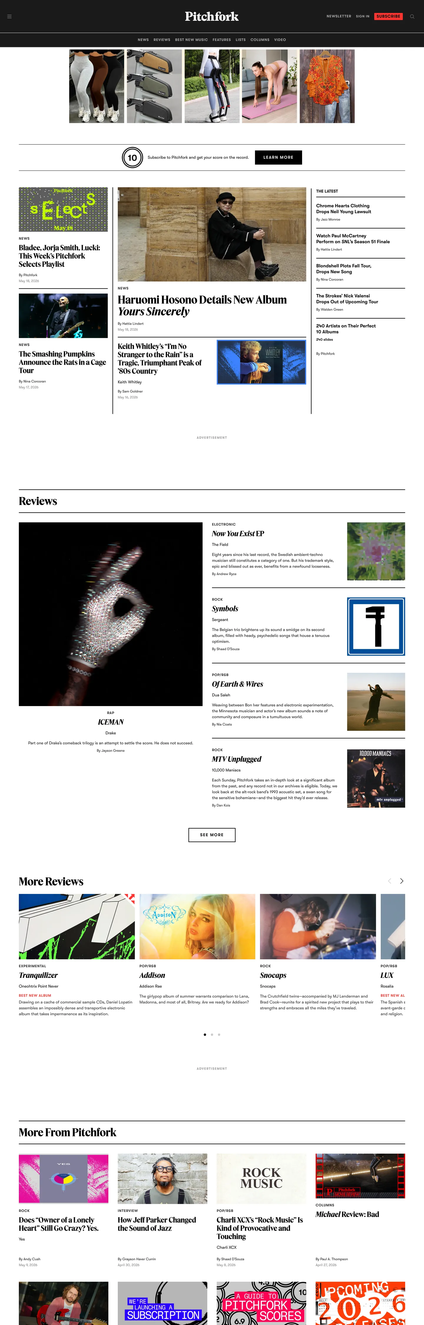 Screenshot of Pitchfork's website at pitchfork.com