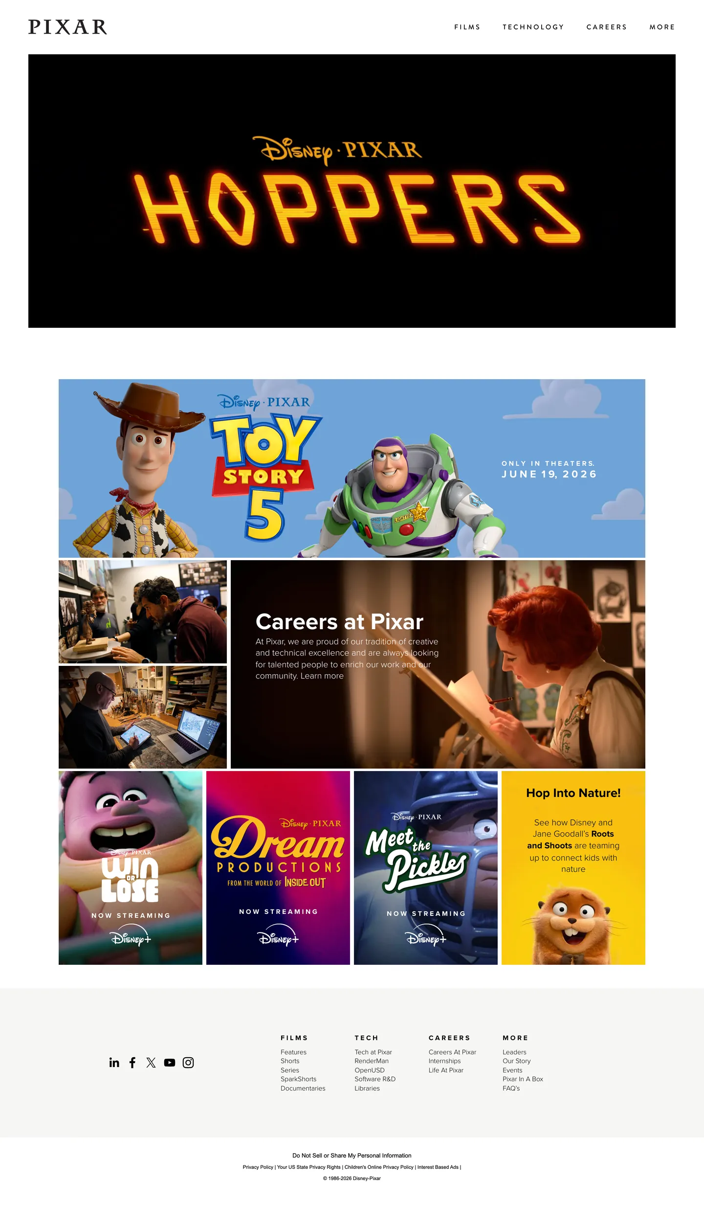 Screenshot of Pixar's website at pixar.com