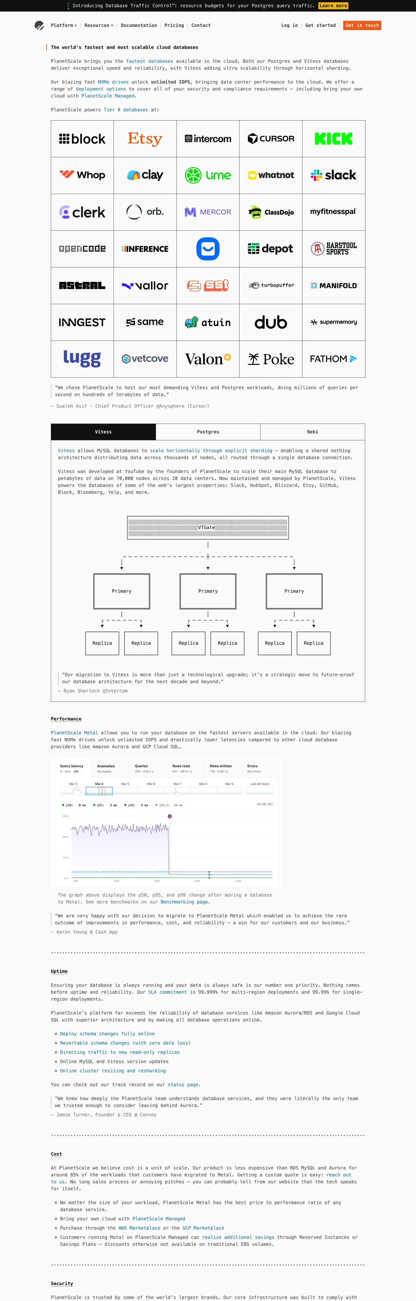 Screenshot of PlanetScale's website at planetscale.com