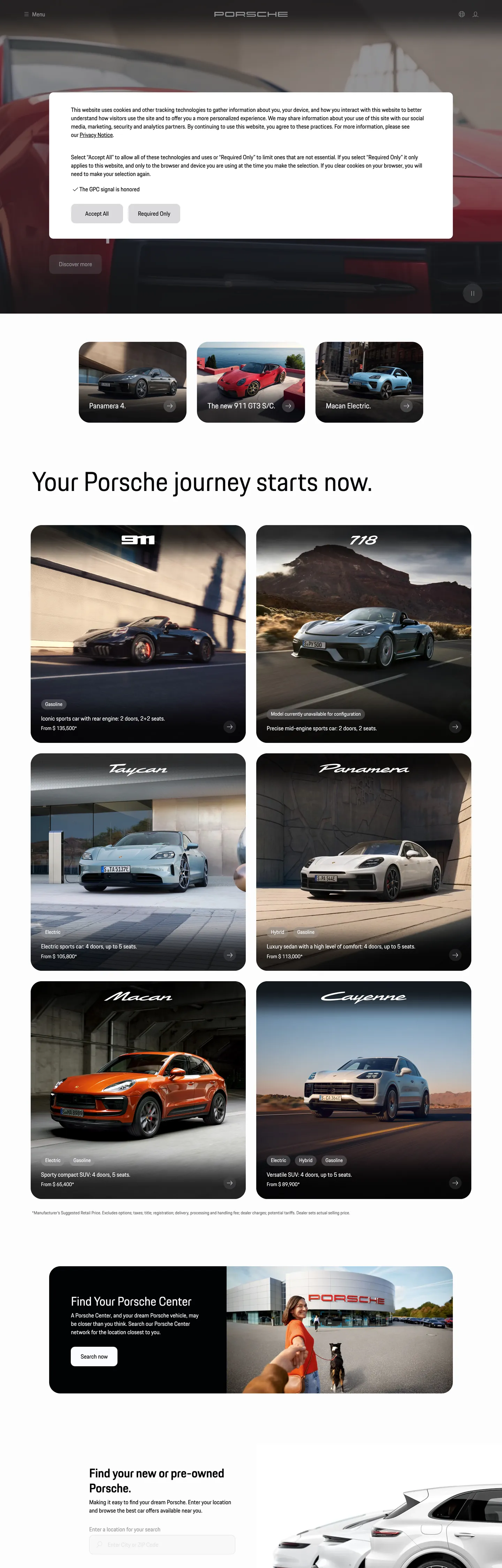 Screenshot of Porsche's website at porsche.com