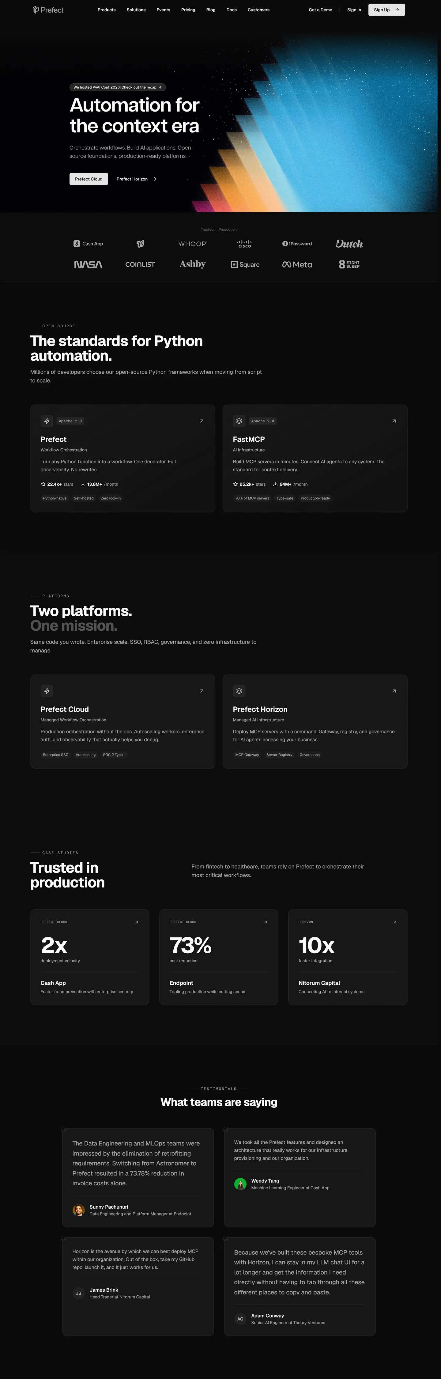 Screenshot of Prefect's website at prefect.io