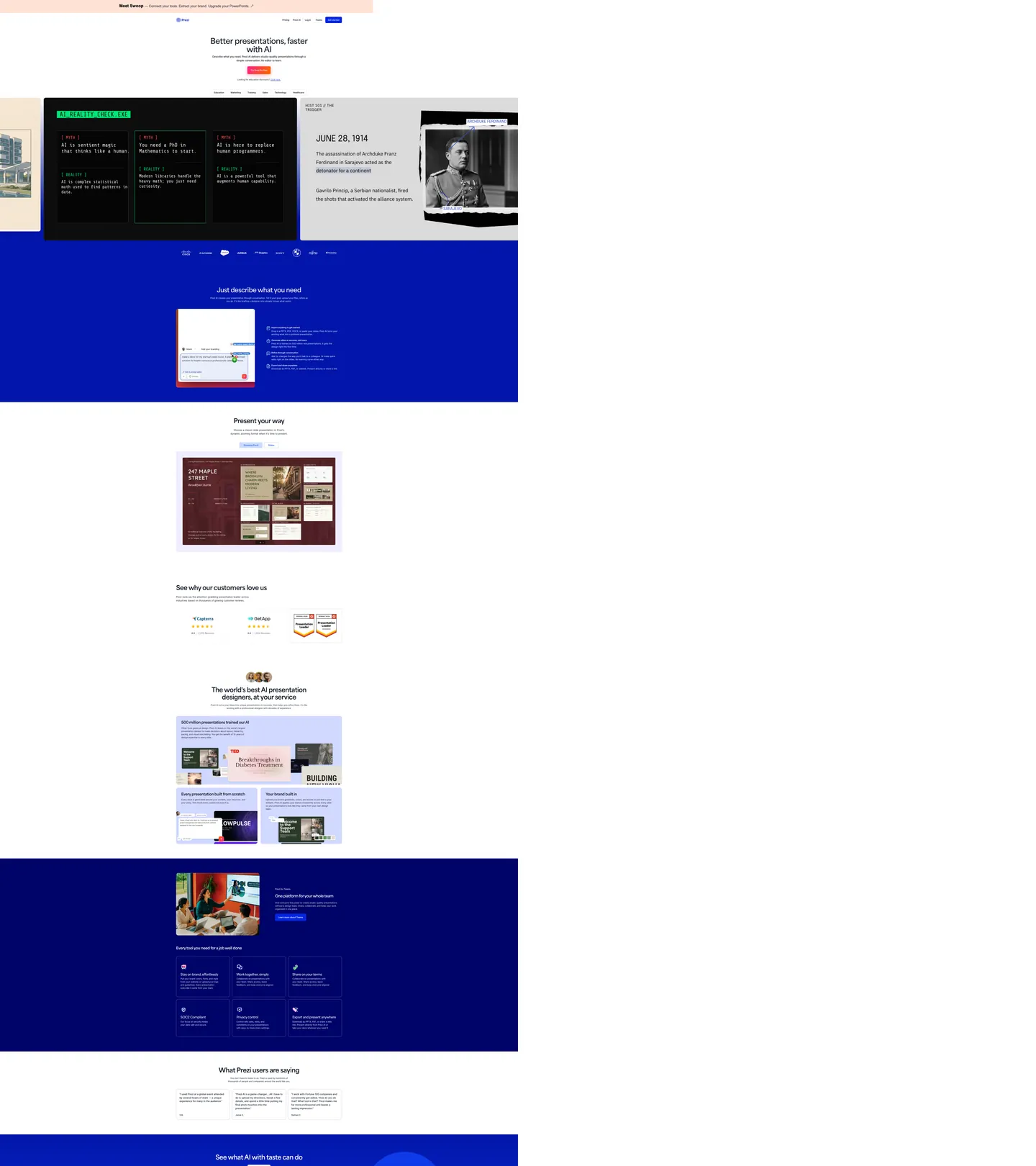 Screenshot of Prezi's website at prezi.com
