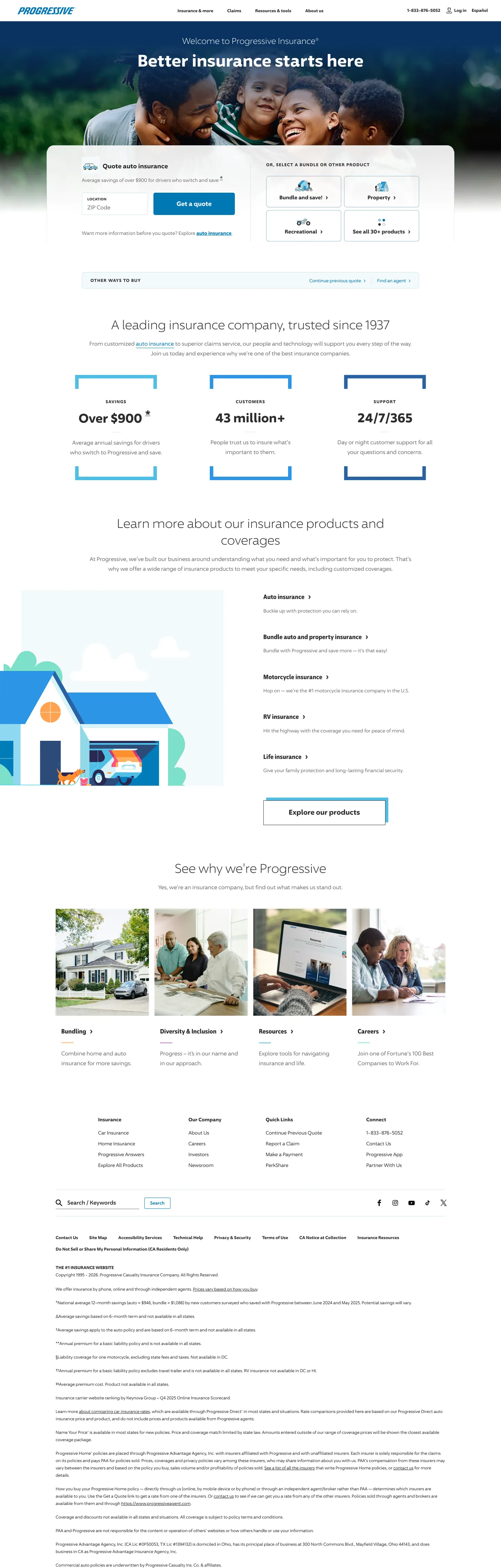 Screenshot of Progressive's website at progressive.com