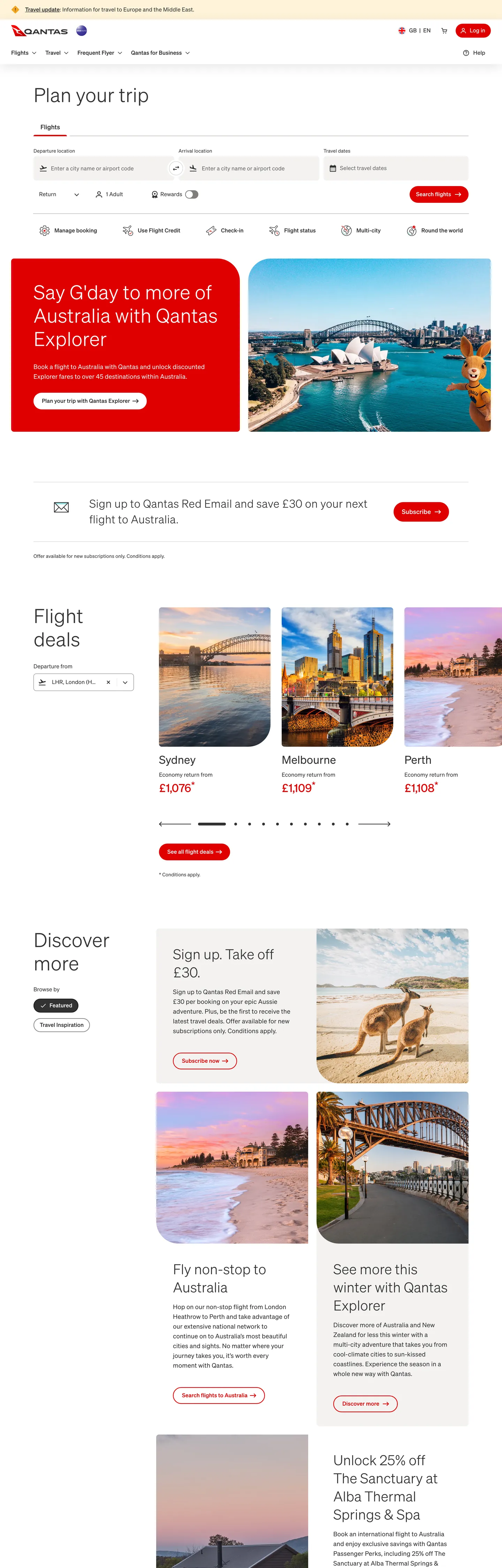 Screenshot of Qantas's website at qantas.com