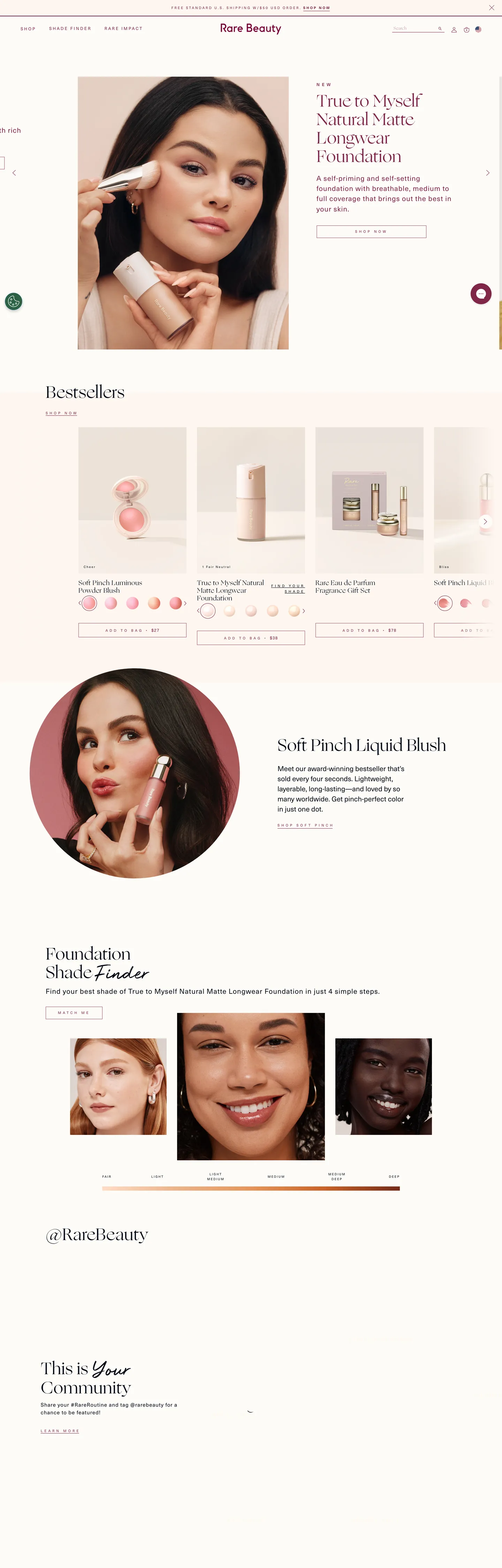 Screenshot of Rare Beauty's website at rarebeauty.com