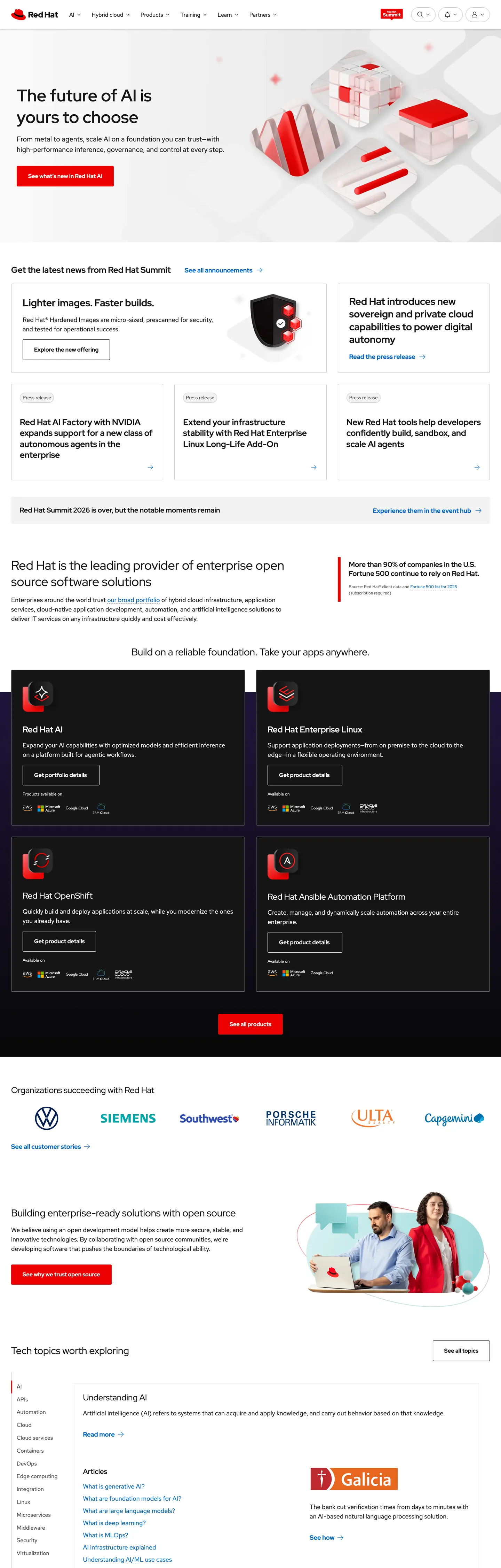 Screenshot of Red Hat's website at redhat.com