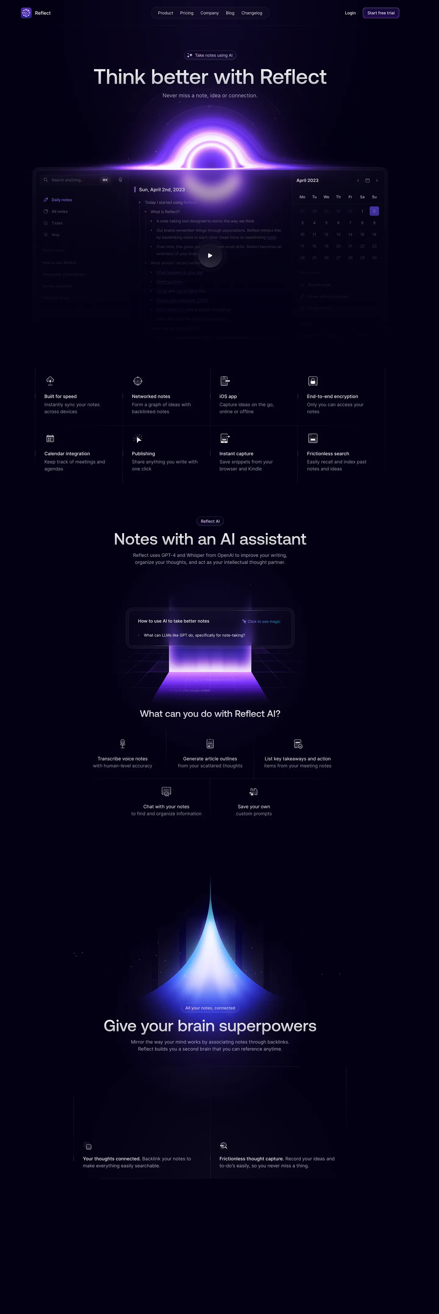 Screenshot of Reflect's website at reflect.app