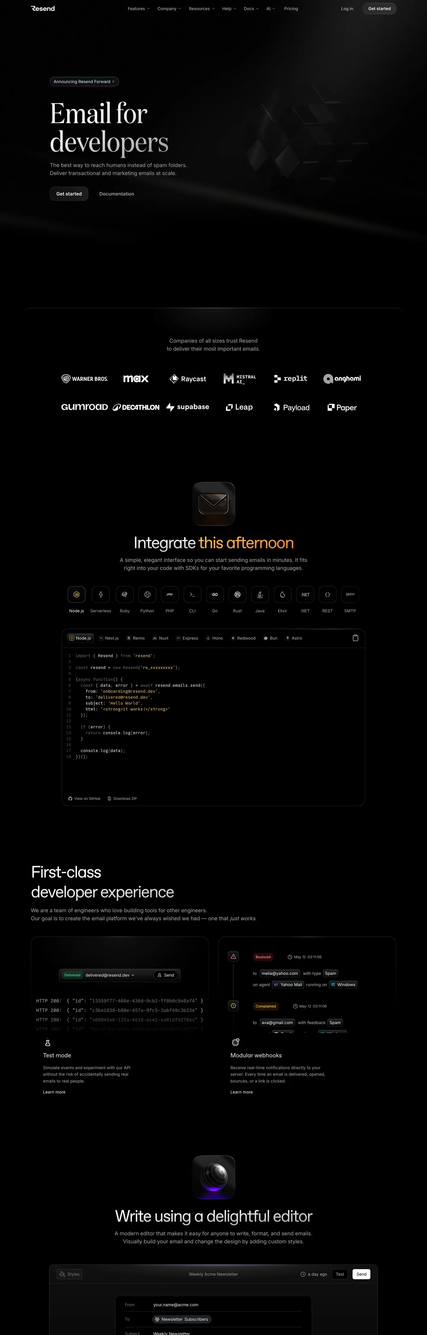 Screenshot of Resend's website at resend.com