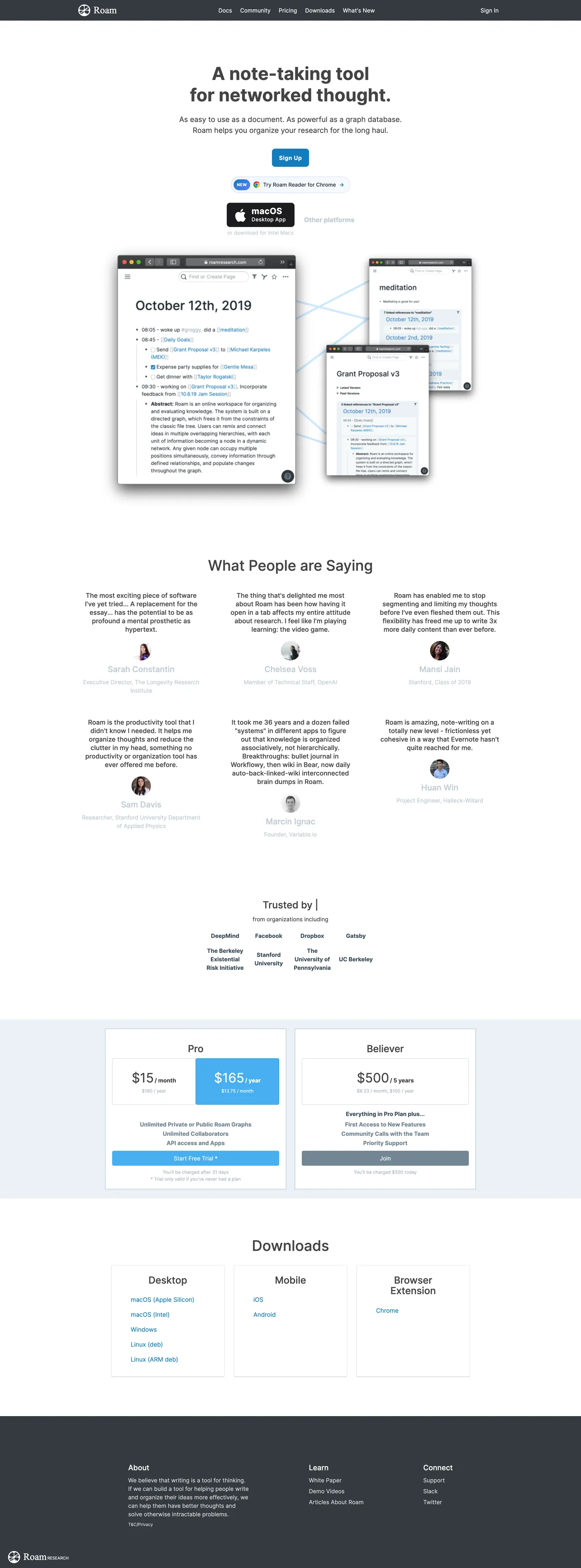Screenshot of Roam Research's website at roamresearch.com