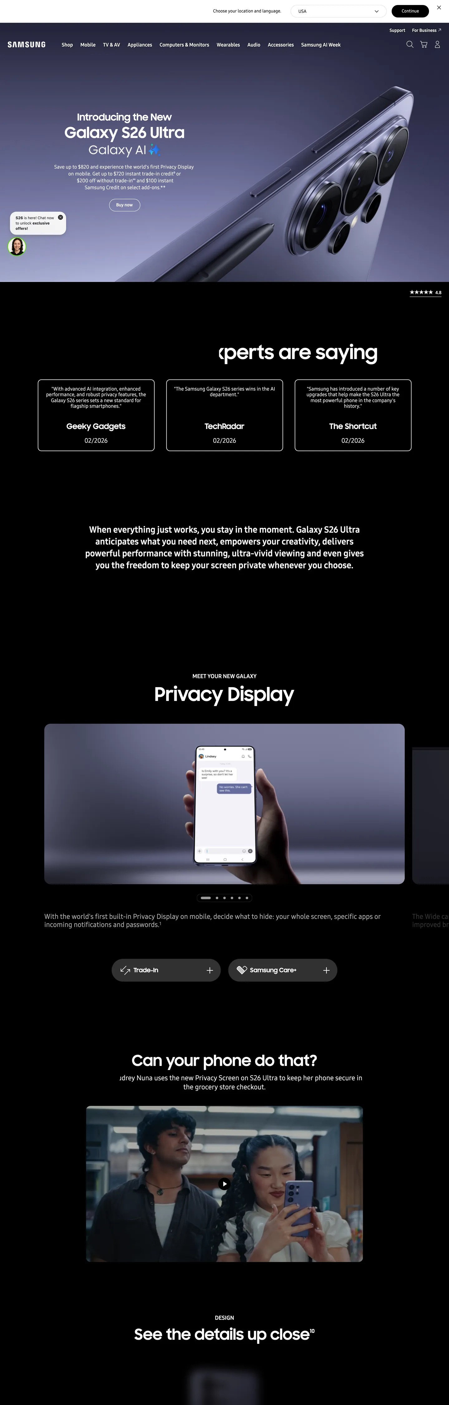 Screenshot of Samsung's website at samsung.com