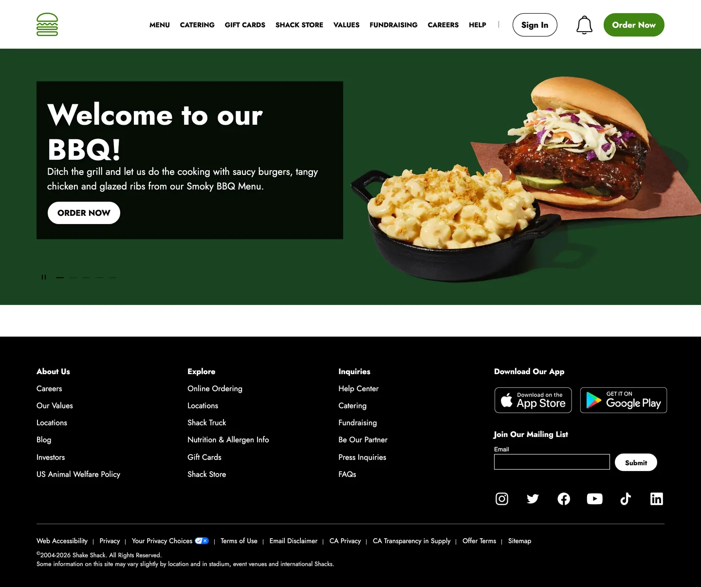 Screenshot of Shake Shack's website at shakeshack.com