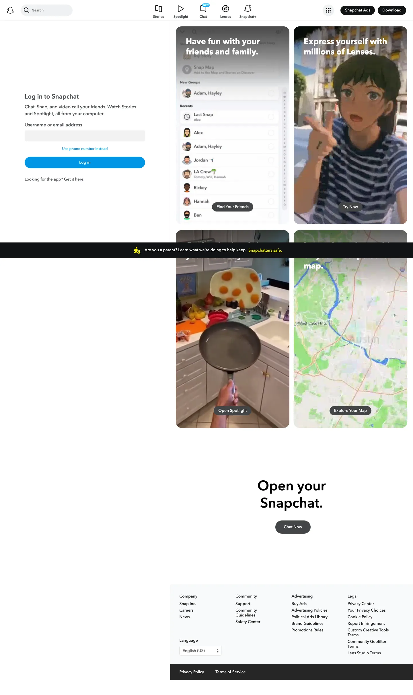 Screenshot of Snapchat's website at snapchat.com