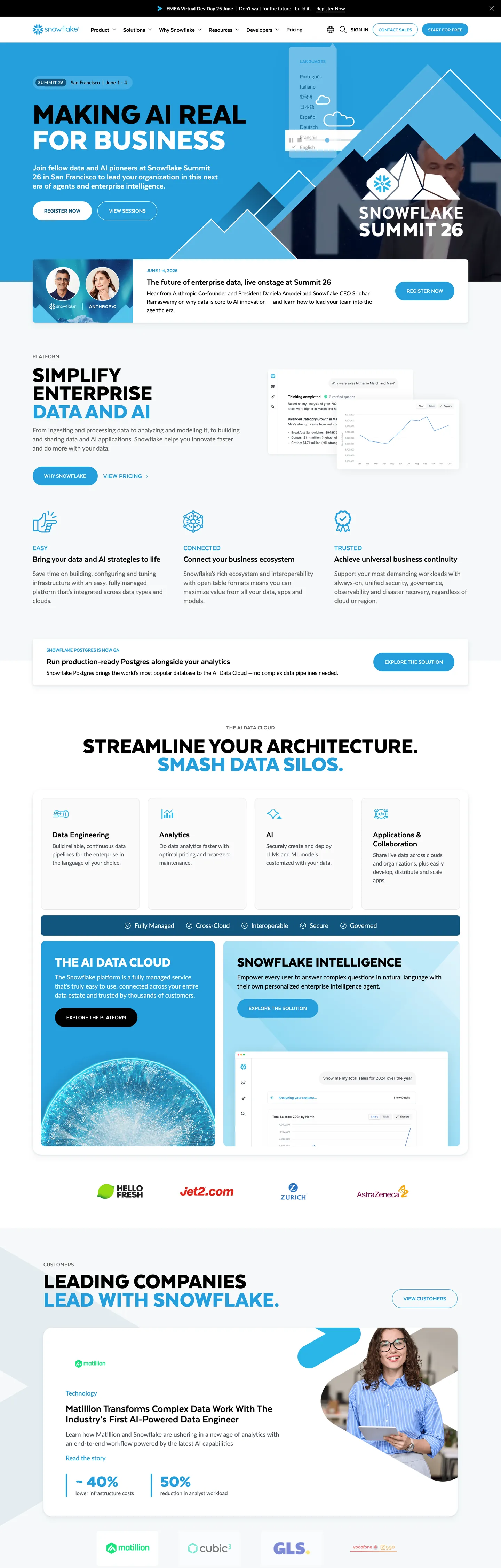 Screenshot of Snowflake's website at snowflake.com
