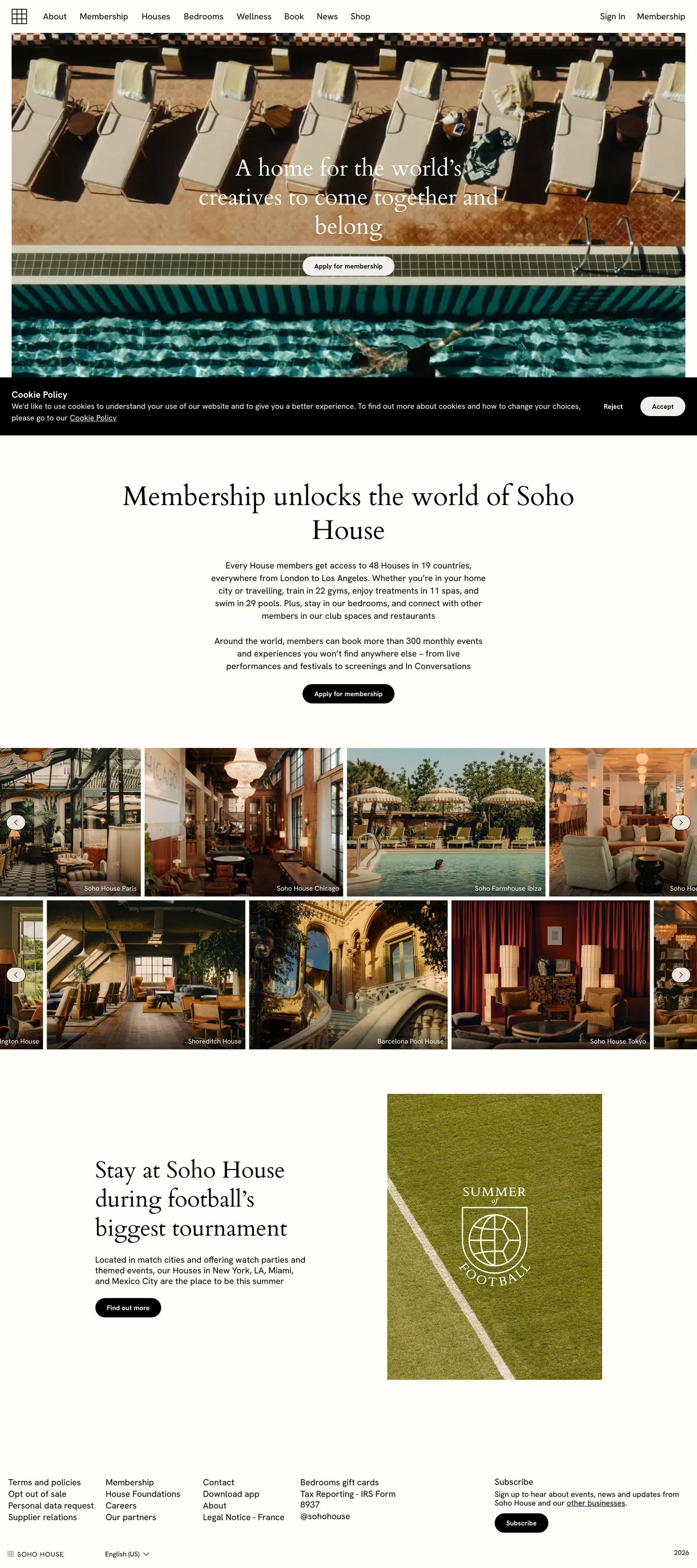 Screenshot of Soho House's website at sohohouse.com