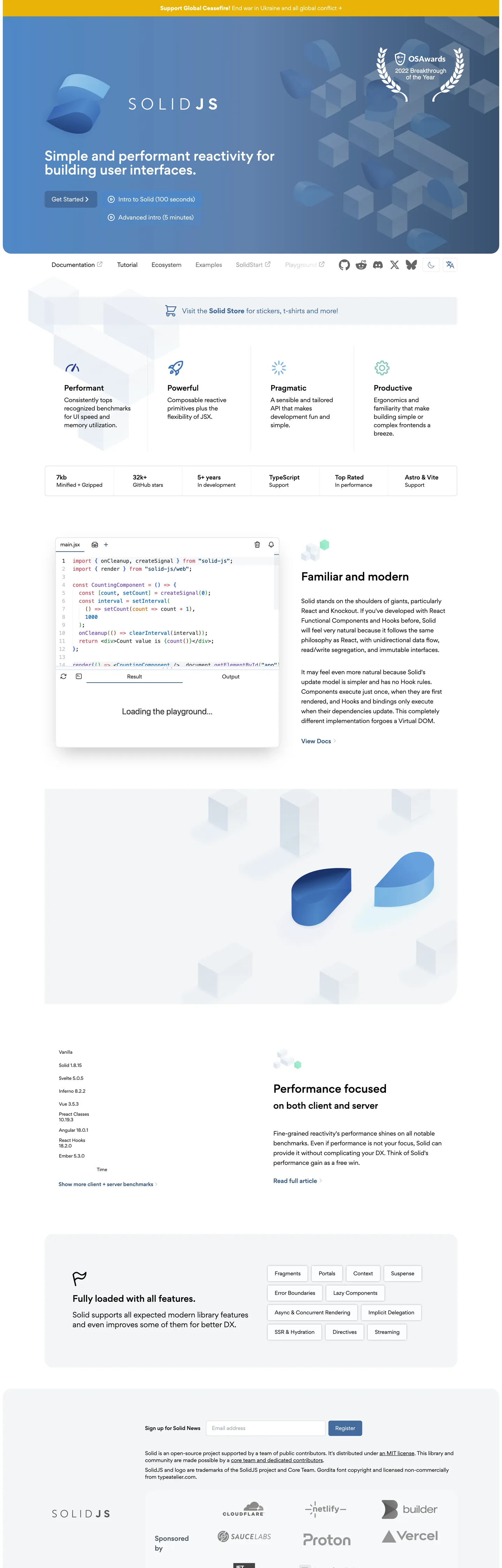 Screenshot of SolidJS's website at solidjs.com