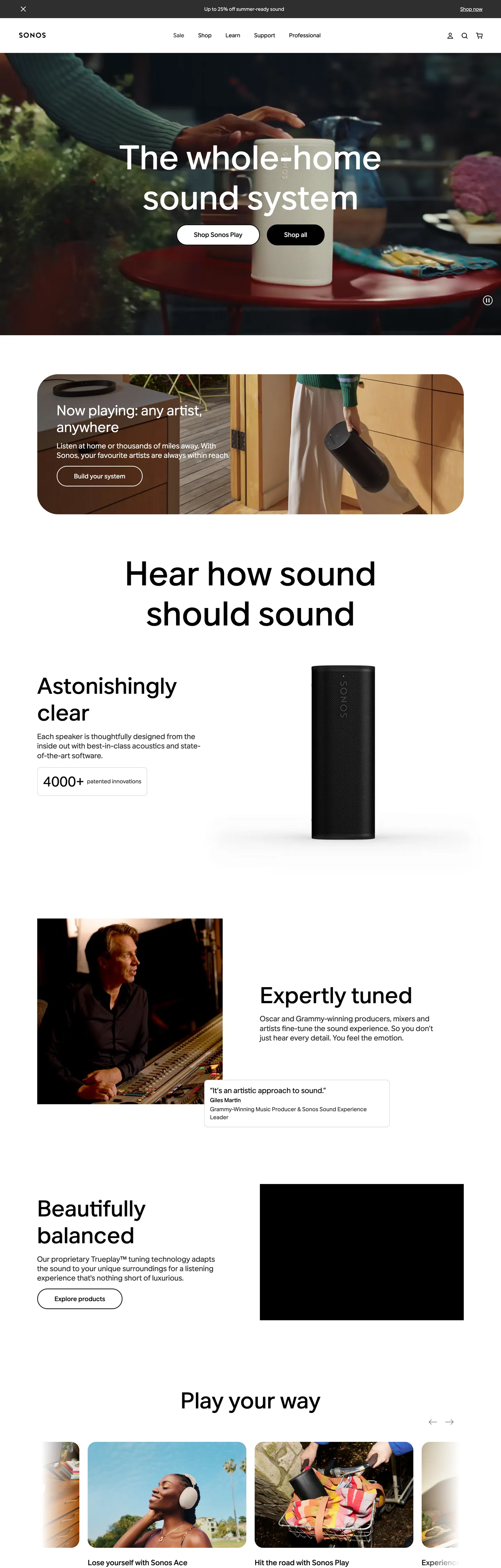 Screenshot of Sonos's website at sonos.com